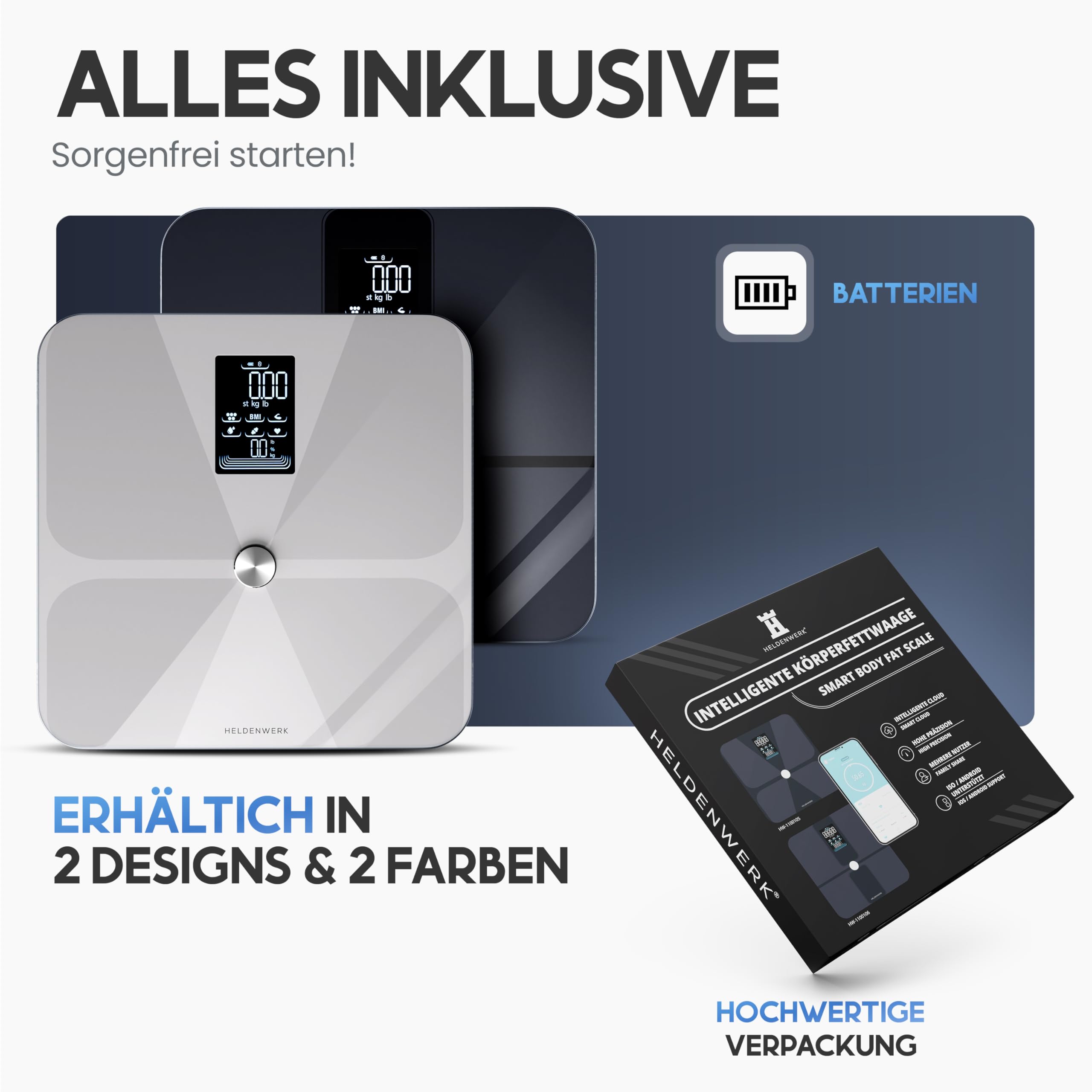 HELDENWERK Báscula de baño para personas con aplicación y sensor de superficie completa, 180 kg/400 libras, báscula de cuerpo digital, Bluetooth para análisis corporal de grasa corporal, IMC, masa
