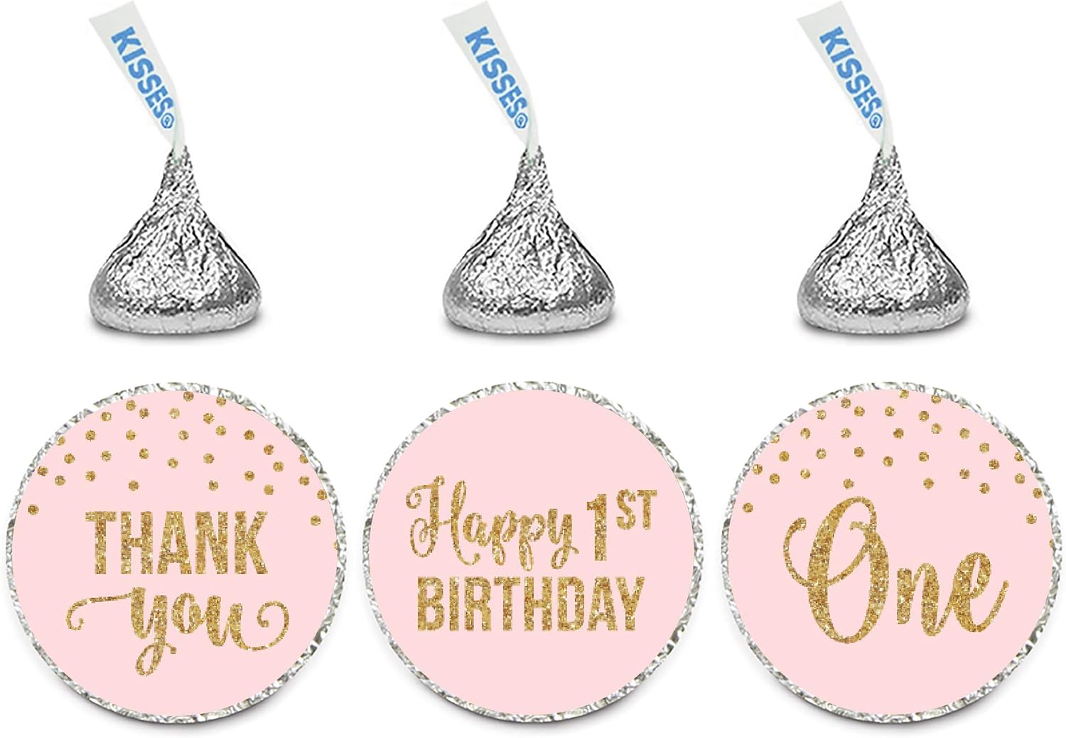 Andaz Press Blush Pink Gold Glitter Girl's 1st Birthday Party Collection, Chocolate Drop Label Stickers Trio, 216-Pack, Fits Kisses Party Favors