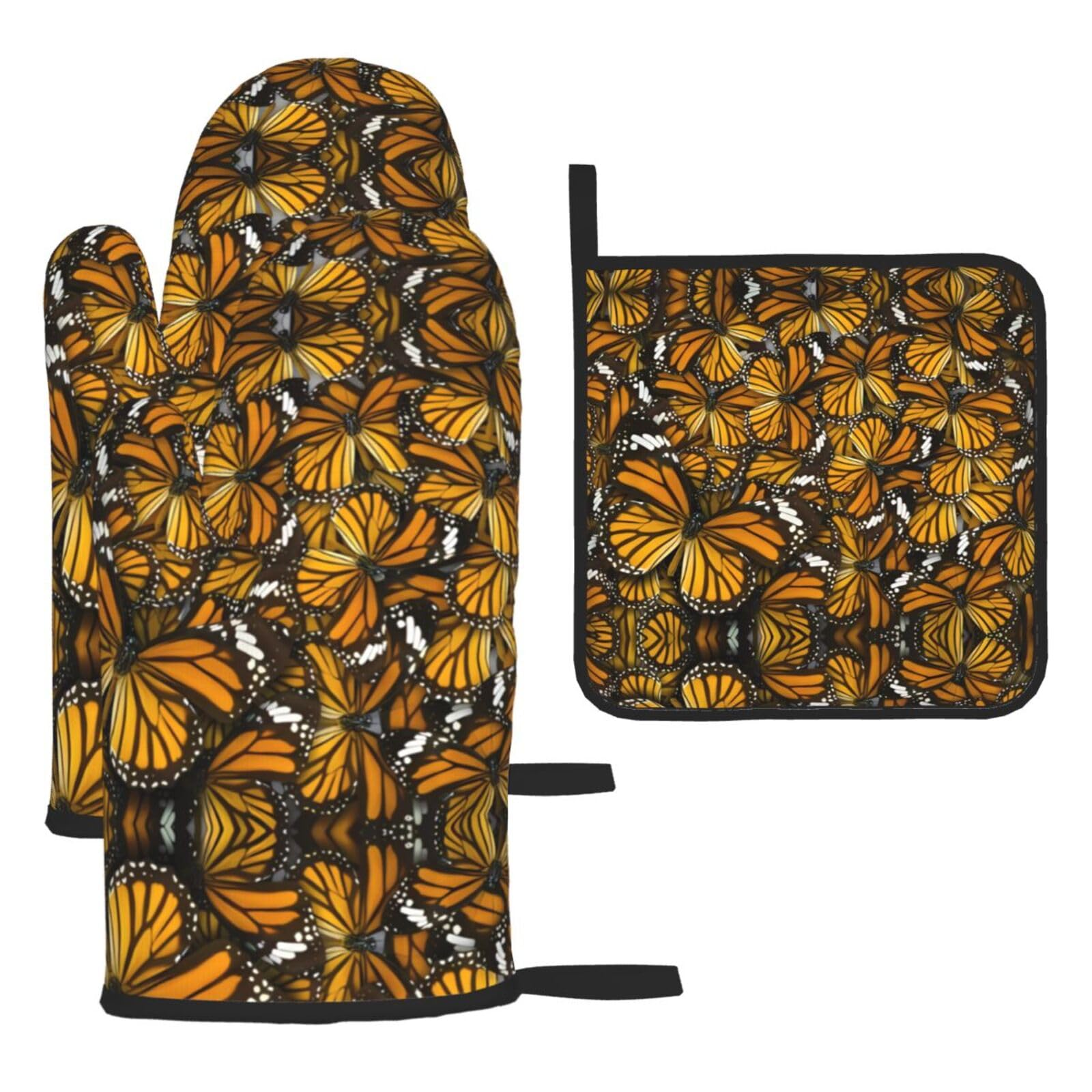Heaps of Orange Monarch Butterflies 3 Piece Kitchen Oven Mitt Set Heat Resistant Gloves with Pot Holder Mat Polyester Printed for Cooking Baking BBQ Grill