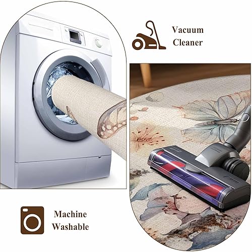 Miniatura 8 de 4ft Round Rug, Flowers Butterfly Non-Skid Rubber Backing Large Area Rugs - Living Room Bedroom Home Office, Watercolor Retro Botanical Flowers