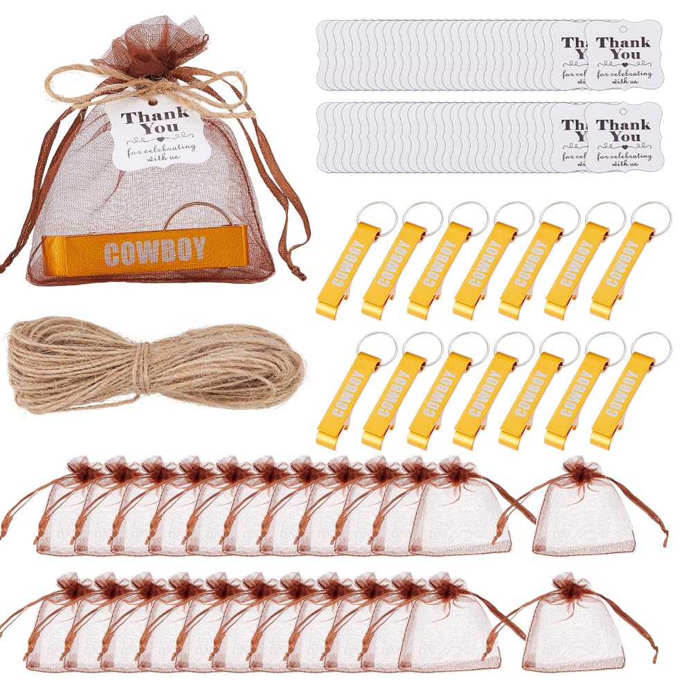 Décapsuleur porte-clés cowboy lot de 60 avec étiquettes Kraft et sacs organza