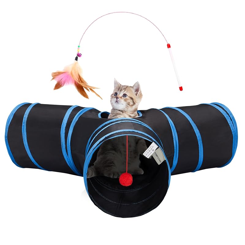 Túnel para Gatos Tempcore com 3 Vias, Dobrável, com Bolinha e Estrutura de Aço, Royal Blue Black & Royal Blue, Pequeno