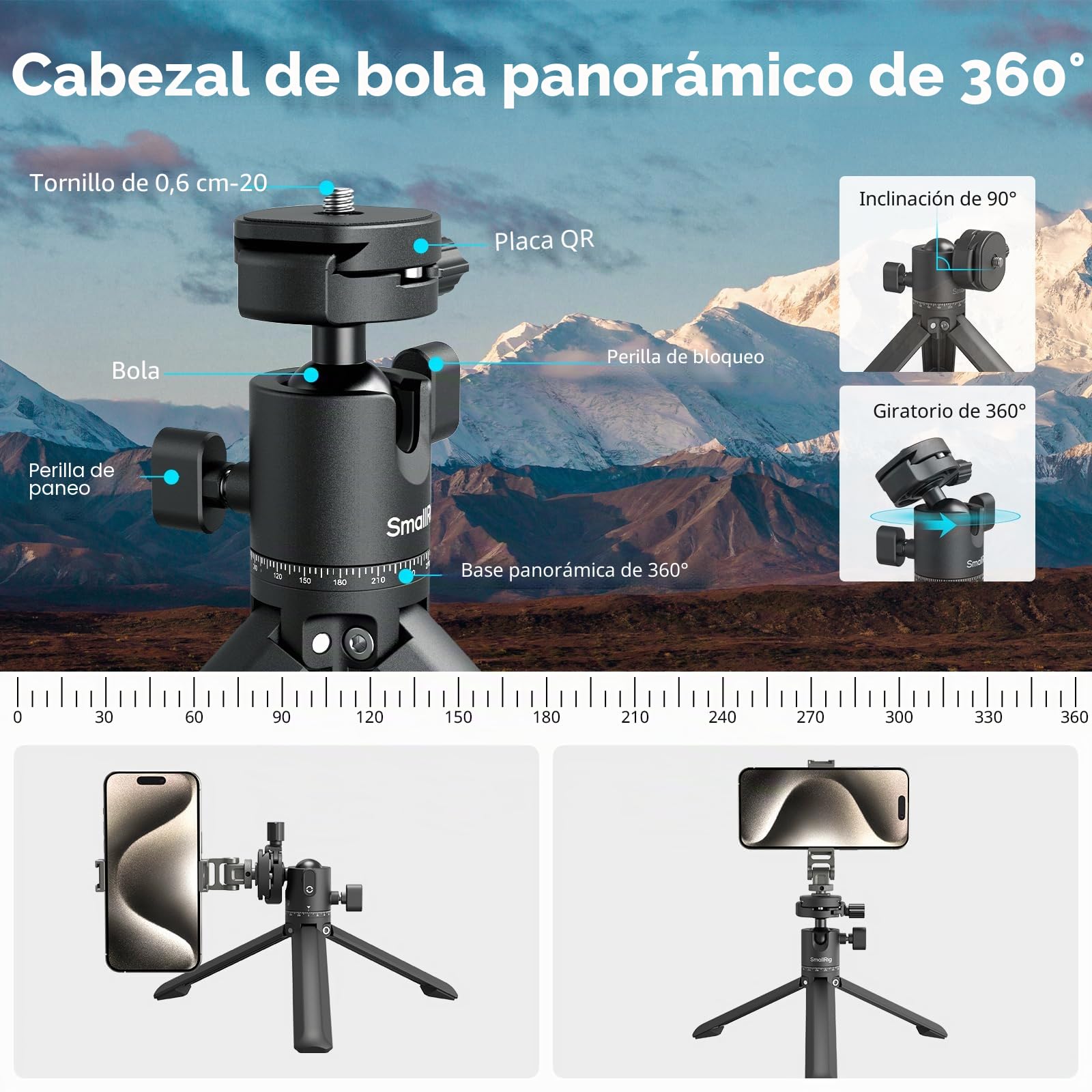 SMALLRIG Trípode de Escritorio Portátil, Trípode de Mesa Pequeño y Compacto de Aleación de Aluminio con Cabezal Esférico de 360°, Placa de Liberación Rápida con Tornillos de 1/4 para DSLR - 4630