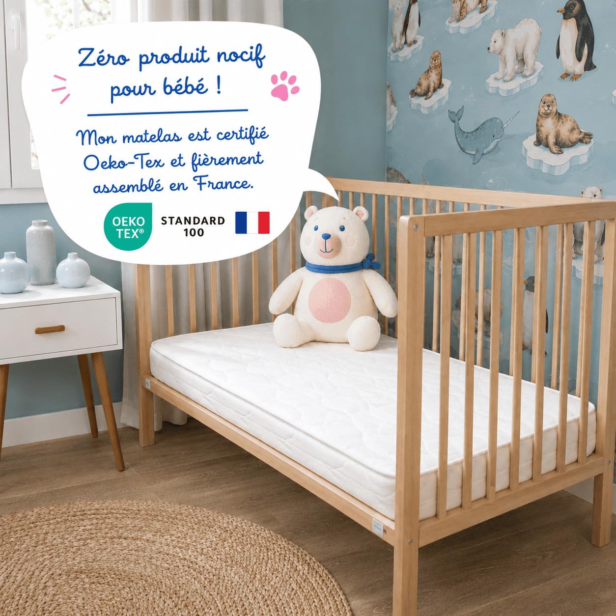 Matelas Bébé Climatisé 60x120 cm- Réversible - 1 Face Été fraîche / 1 Face Hiver ouatinée - OekoTex® - Fabrication Française