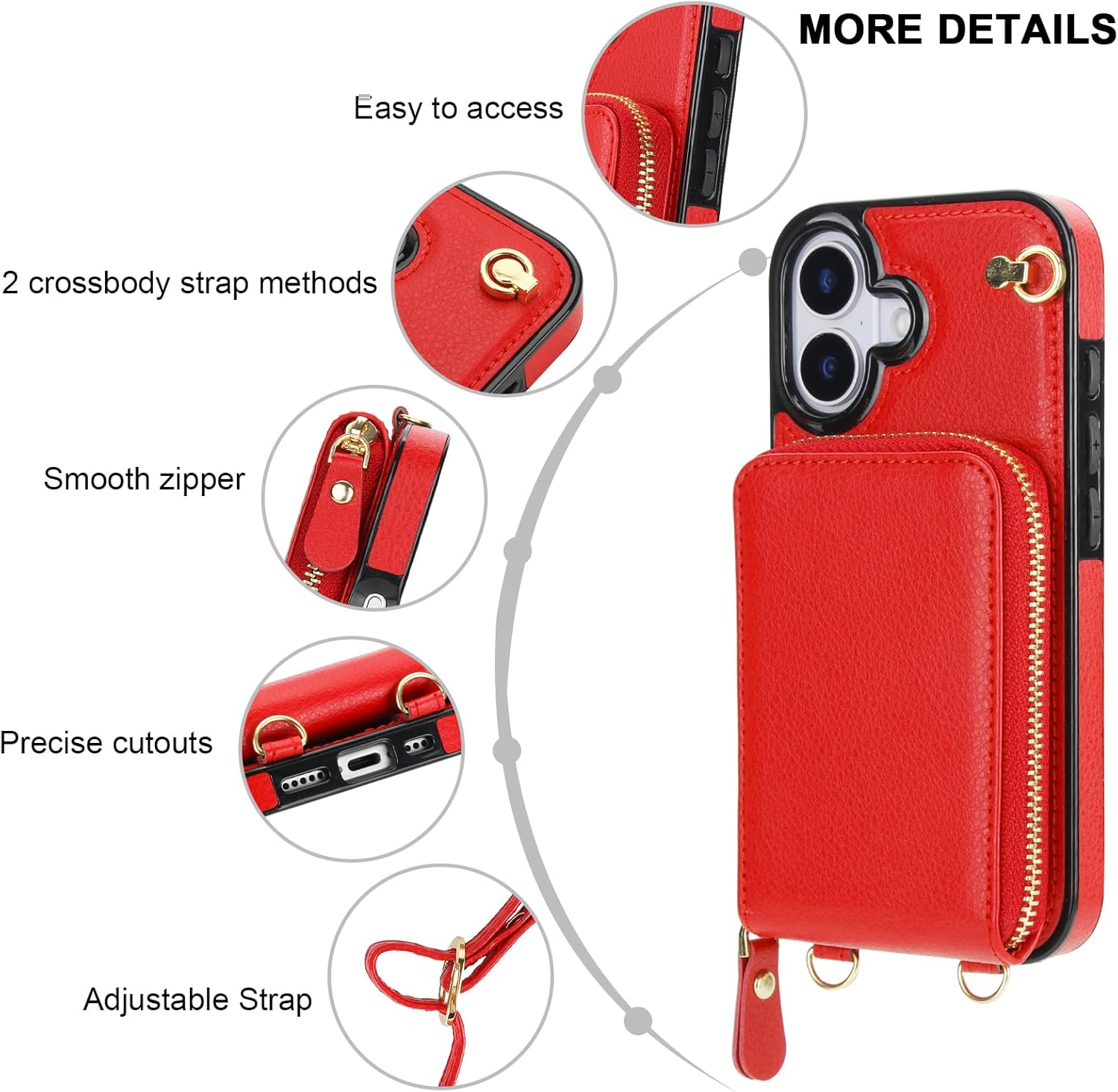 KIHUWEY Crossbody Wallet Case for iPhone 17, Zipper Pocket Case with Card Holder, PU Leather RFID Blocking Protective Cover Case with Kickstand Detachable Wrist Strap Lanyard 6.3" (Red)