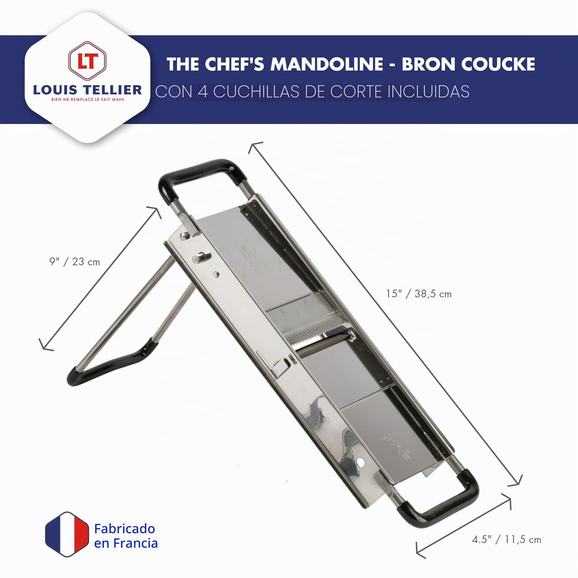 Louis Tellier - Mandolina Profesional del Chef - Acero Inoxidable - Rebanada de Frutas y Verduras y Realiza Fritas y Julianas - Grosor Ajustable - Fabricado en Francia
