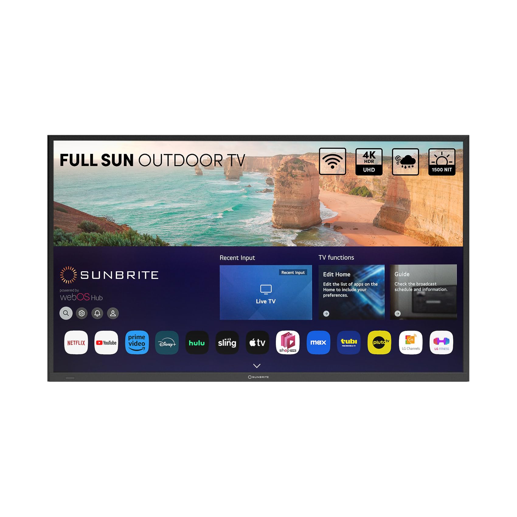 SunBrite 55 Solis Smart Outdoor Television Full-Sun 4K TV 1500-Nit Brightness Anti-Glare Screen IP55 Weatherproof Wi-Fi Bluetooth Integrated