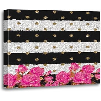 Amazon Com Torass Canvas Wall Art Print Gold Elegant Black And White Stripes Pink Roses Polka Artwork For Home Decor 16 X 20 Posters Prints