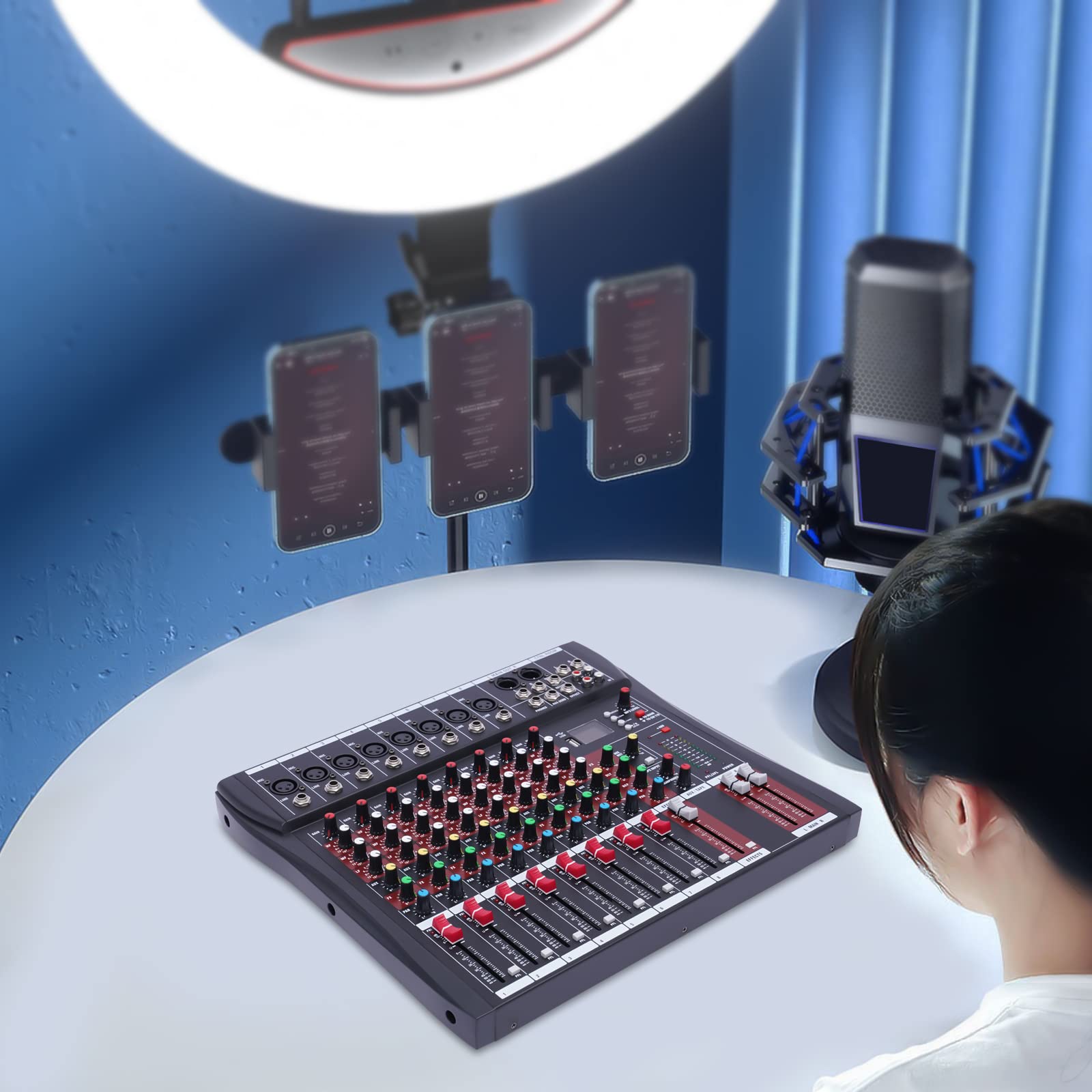 Professionelles 8 Kanal Mischpult DJ Mixer mit Bluetooth USB XLR Anschlüssen Studioaufnahmen Live Performances Home Recording Kompaktes Design 48 V Phantomspeisung Effektregler