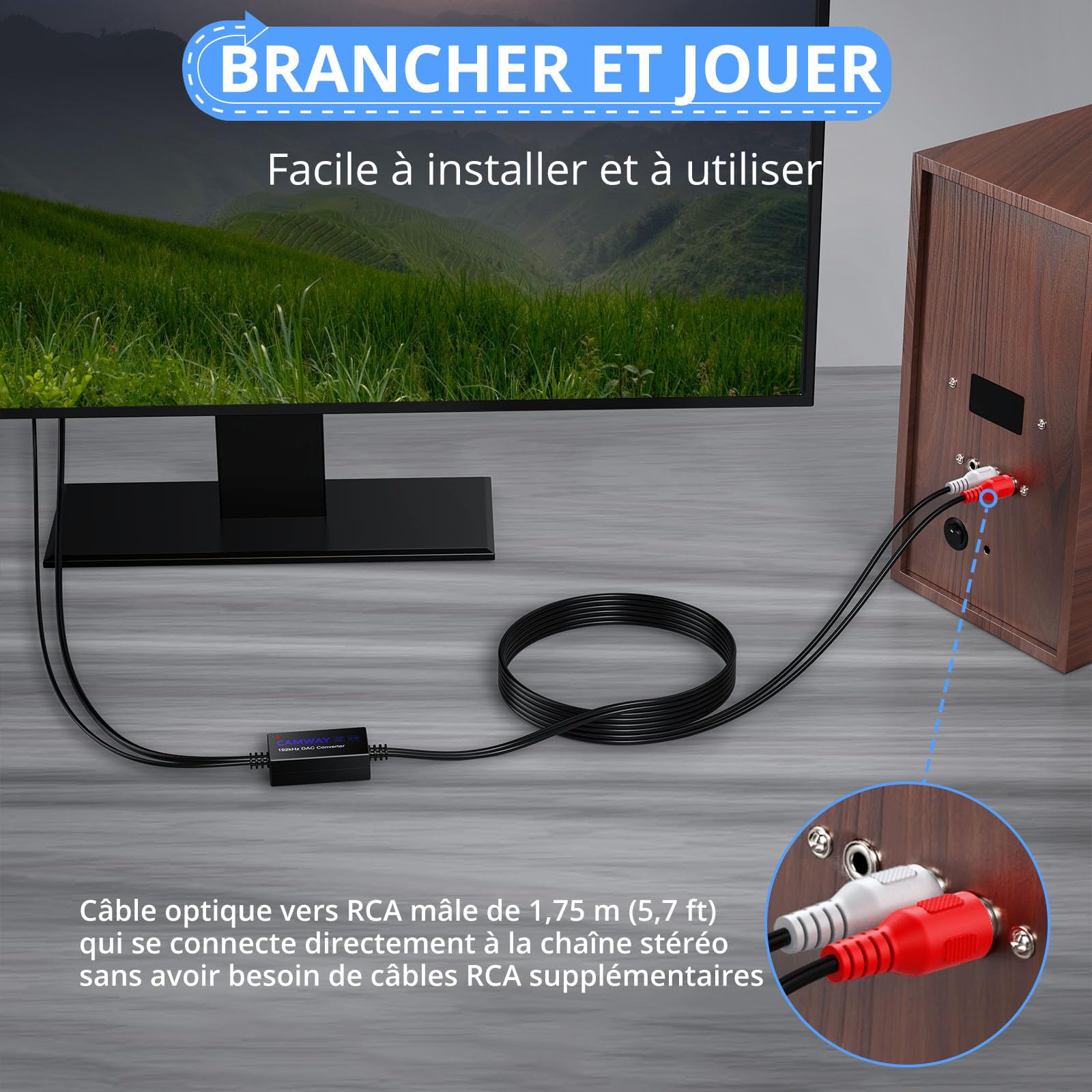 Convertisseur Optique RCA SPDIF 192kHz avec Câble Intégré 1,75m pour HDTV Xbox DVD Blu-Ray