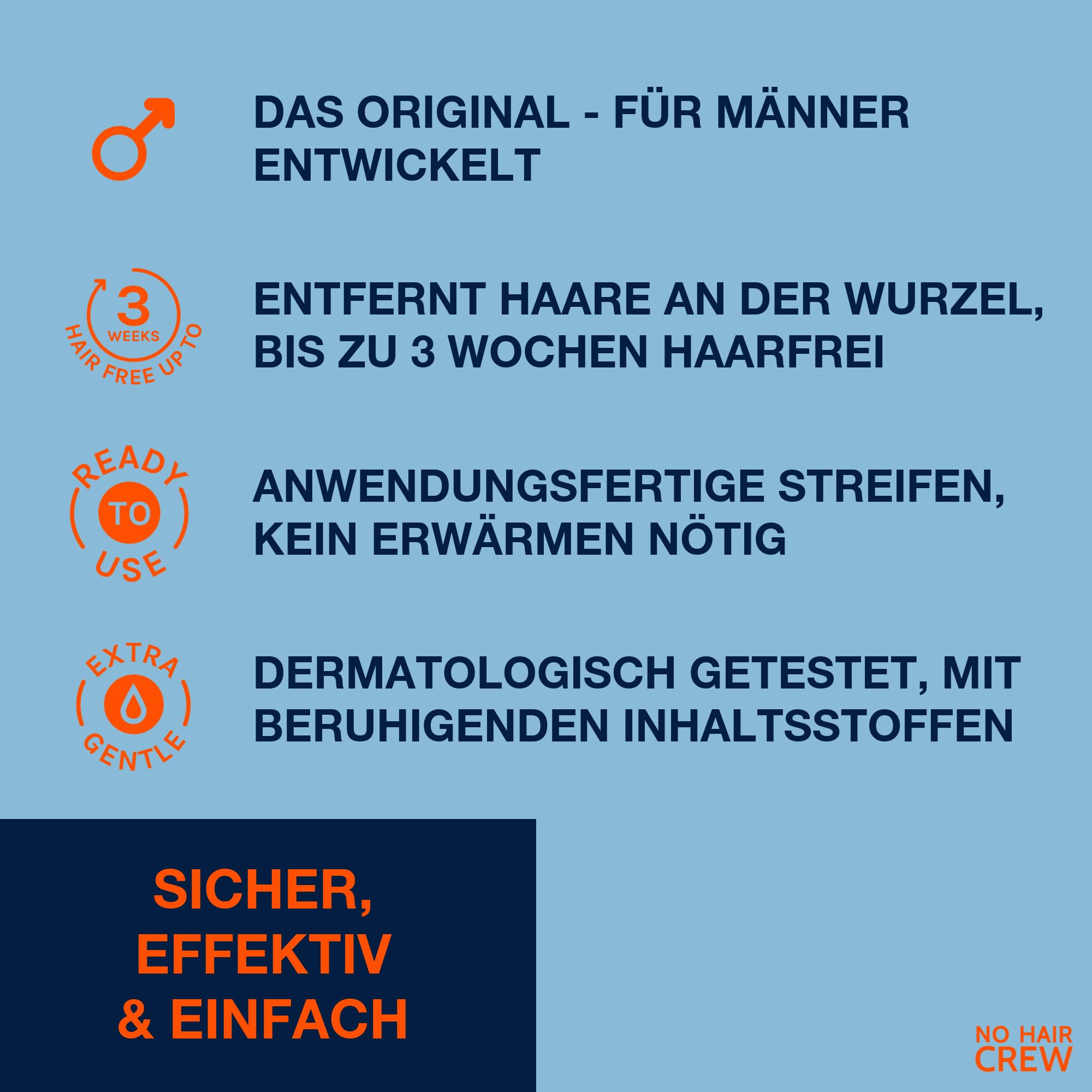 NO HAIR CREW Wachsstreifen für Männer 6x20 Stk. – Bis zu 3 Wochen haarfrei | Für Brust, Rücken, Arme und Beine. Entfernt Haare an der Wurzel für länger glatte Haut & langsameres, weicheres Nachwachsen.