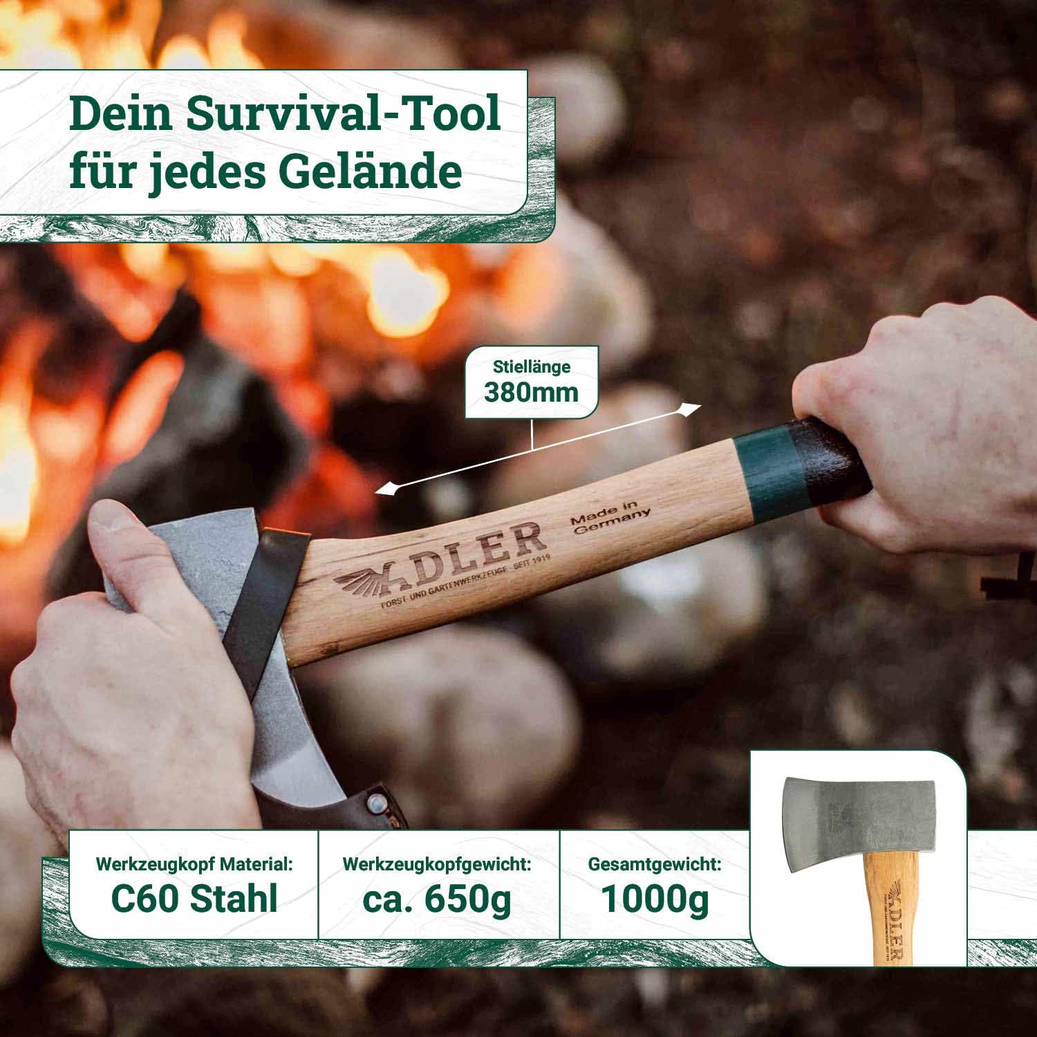Adler Yankeeyxa avec Protection en Cuir : Hache en Bois forgé en Acier C60 avec poignée en Hickory de 38 cm, Surface extérieure antidérapante, pour Le Camping et la randonnée, Vert/Noir, 650 g