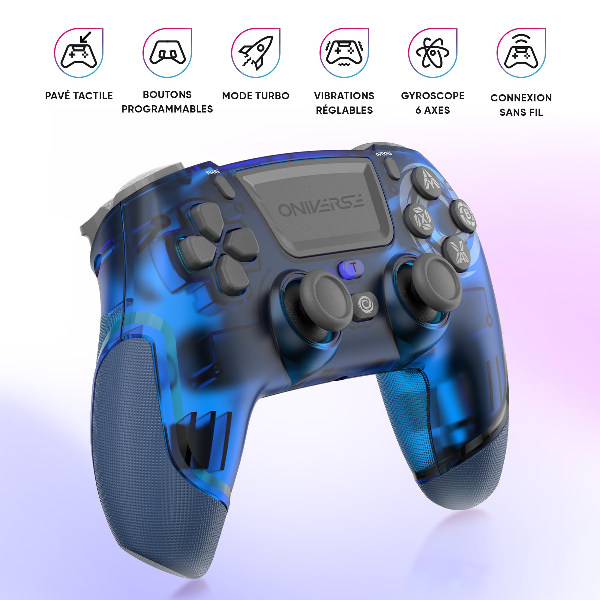 Oniverse Manette PS4 PS3 PC ANDROID iOS, sans fil, Sortie Casque Stéréo, Vibrations réglables, Pavé tactile, boutons macro, mode Turbo, Wake up, Gyroscope 6 axes, Revolt (Neptune Blue/Bleu)