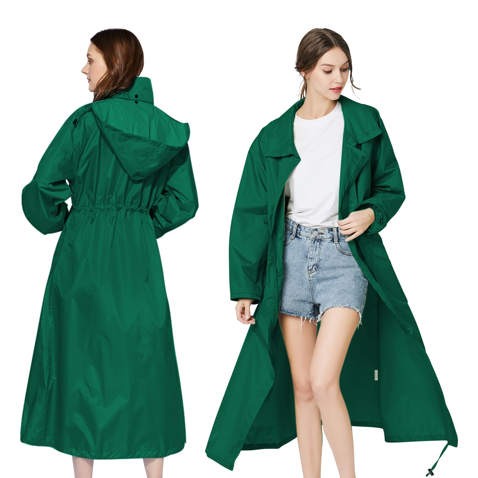 SOPPY Women's Long Waterproof Windproof Hooded Raincoat Free Size Emerald Green