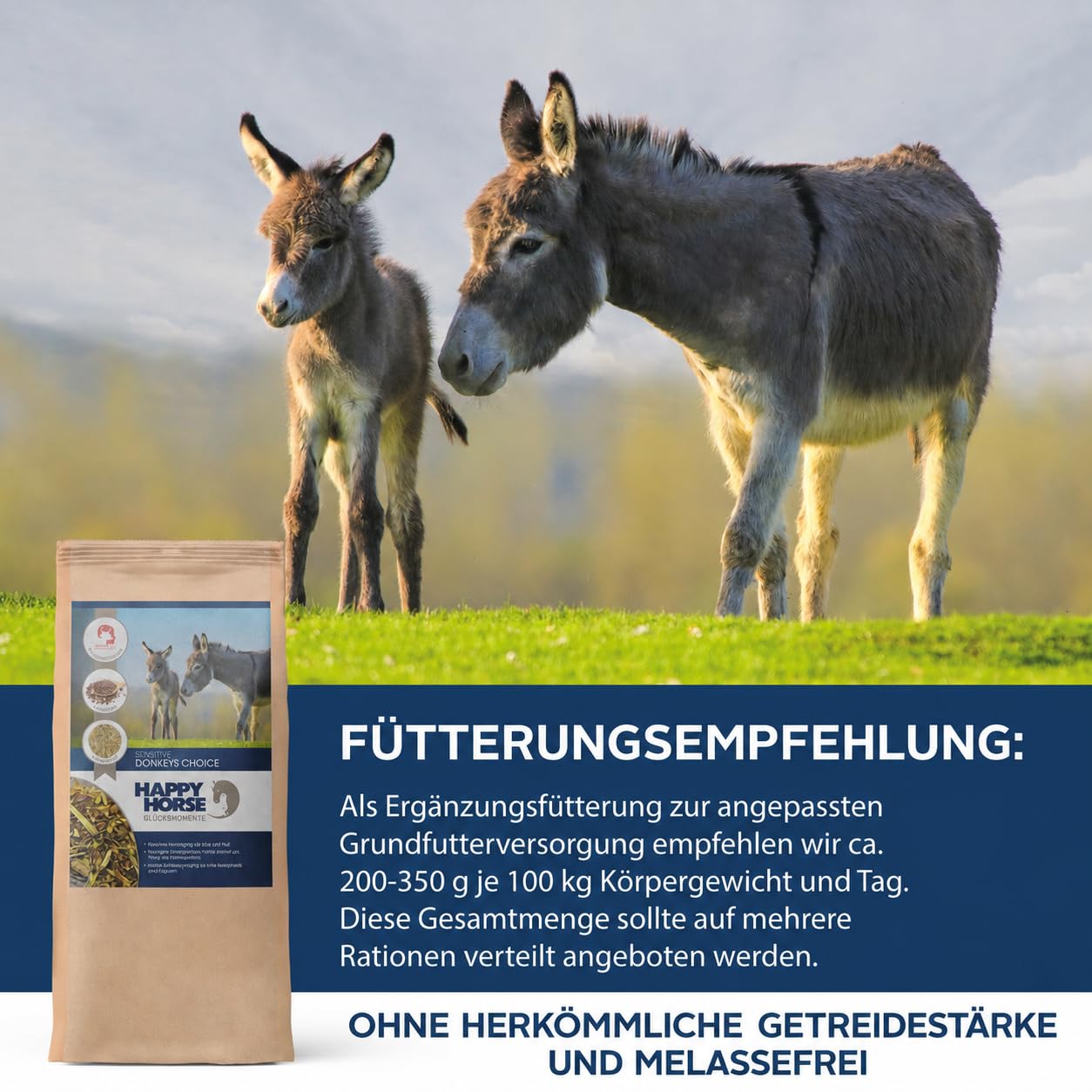 Sensitive Donkey's Choice für Esel, Mulis & Maulesel | 2 x 14 kg | Getreidefrei & melassefrei | Energiearmes Müsli mit Kräutern & hohem Rohfaseranteil | Mineralfutter für leichtfuttrige Equiden