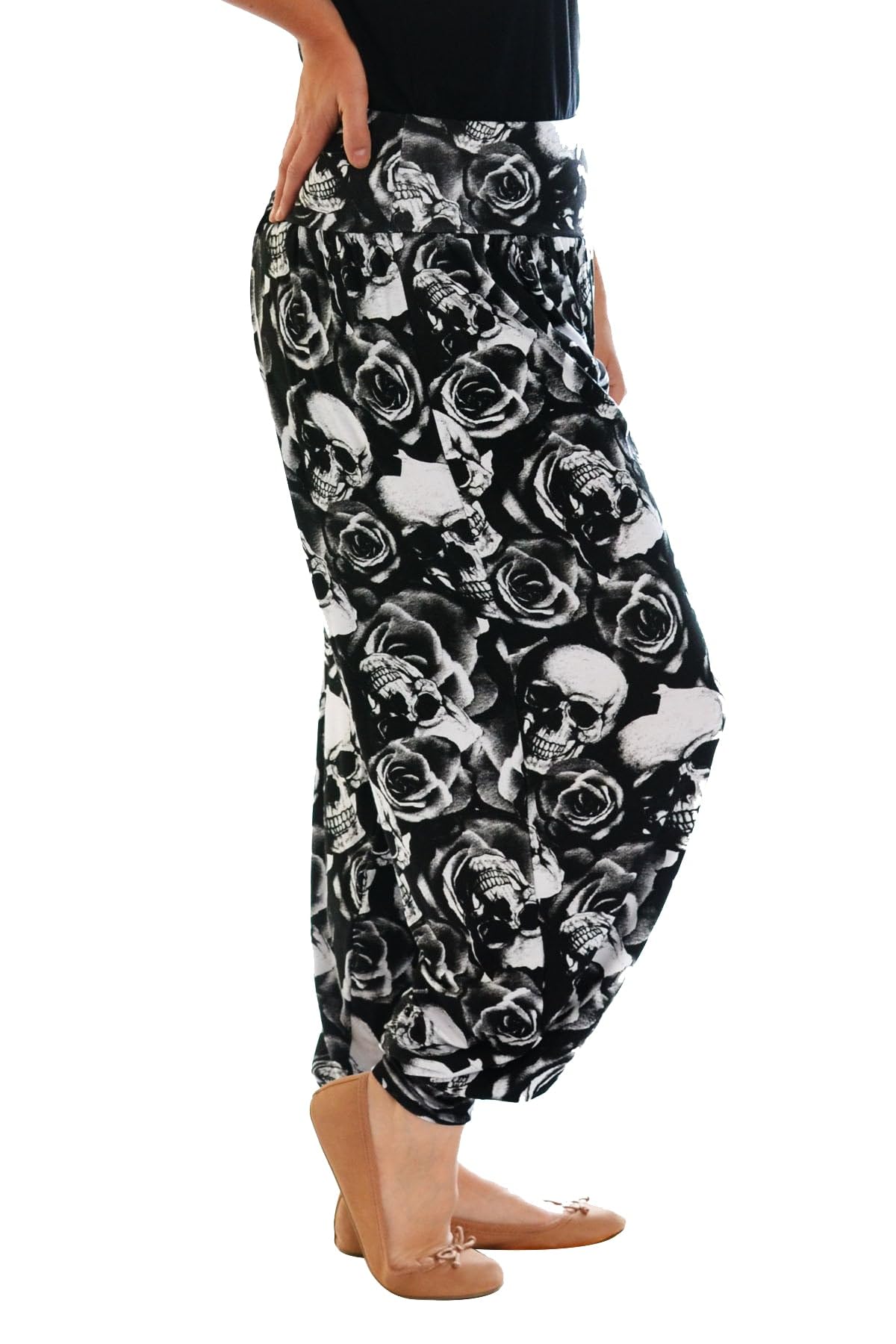 WearAll Plus Size Harem Print Womens Trousers Long Full Baggy Ladies Pants - Skull - 24/26