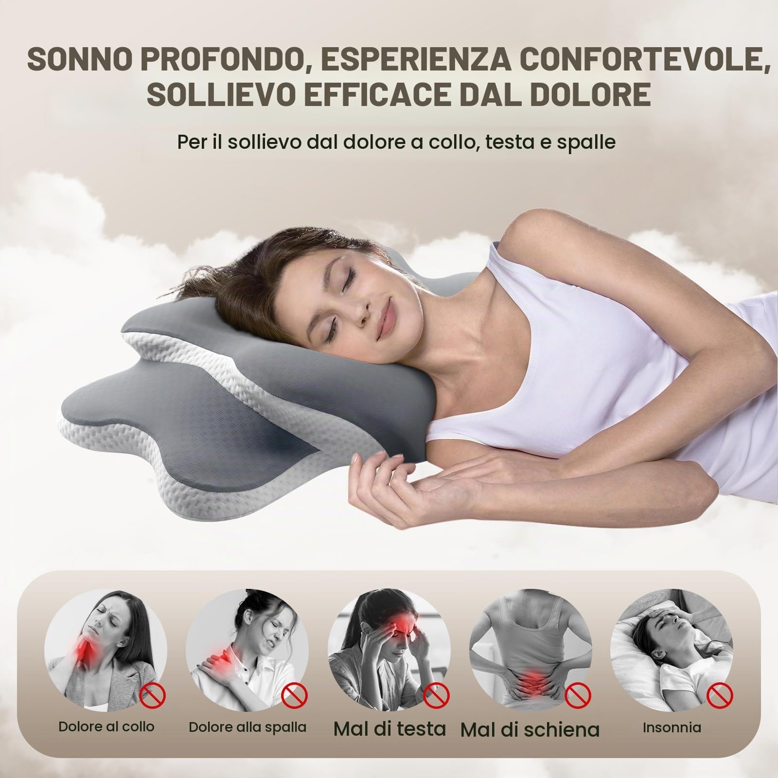 A-Pce Cuscini ergonomici in memory foam dormire, Grigio Chiaro | Cuscino Ergonomico a Forma, in Memory Foam Traspirante e Rinfrescante,Ideale per chi Dorme su un Fianco o Sulla Schiena