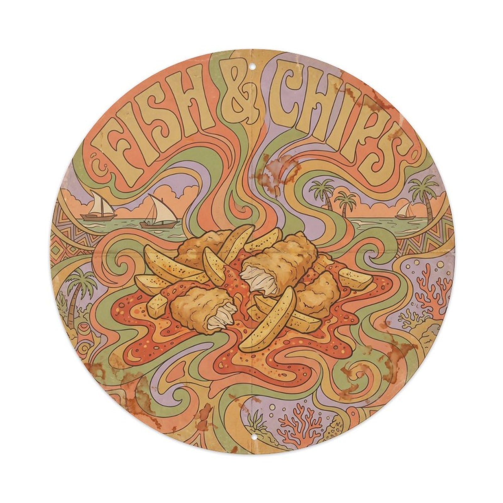 Coastal Food Chippy Tanzania Seafood Basket Psychedelic Metal Tin Sign