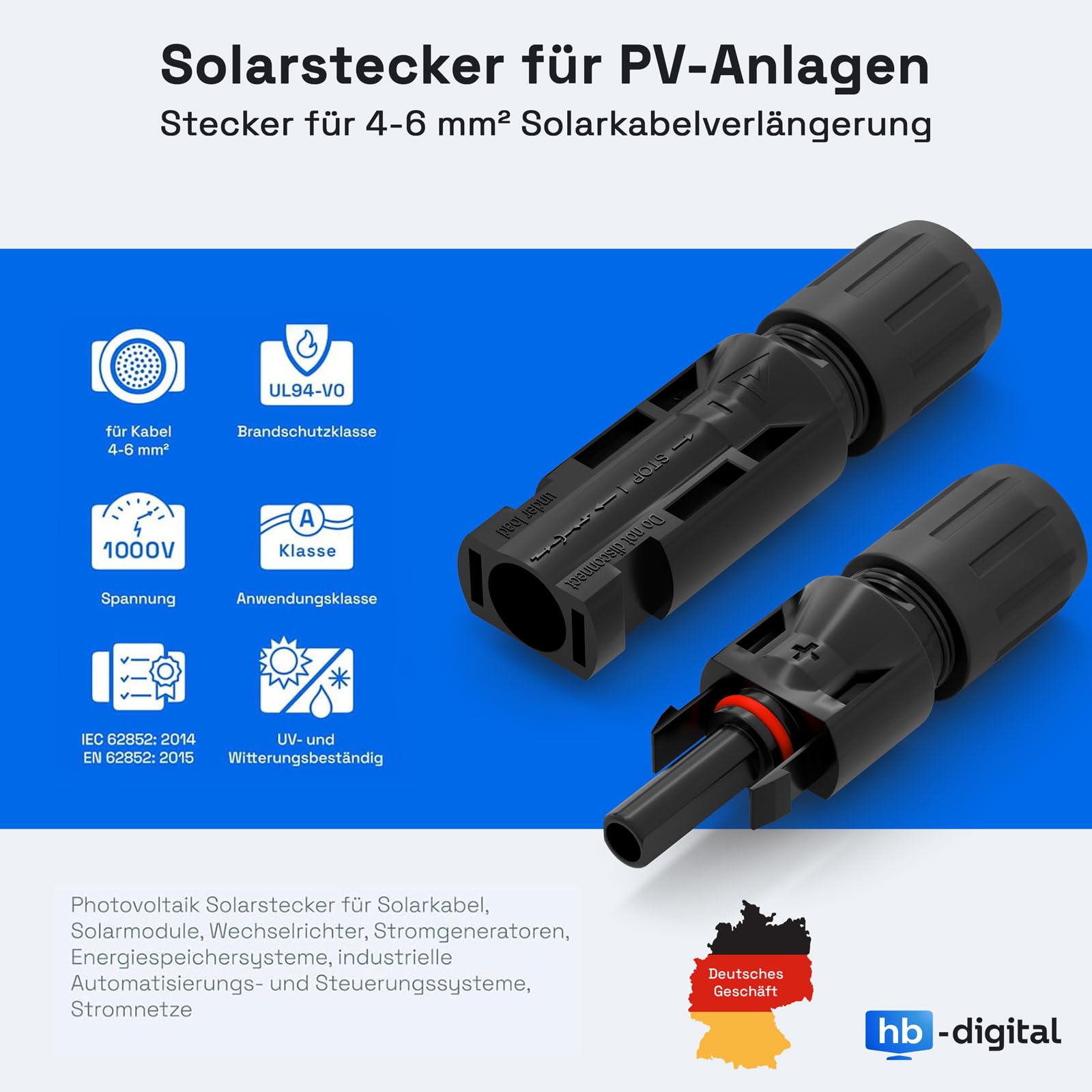 Solar Verlängerungskabel 6mm² 2X 10m Rot/Schwarz anschlussfertig mit Solarsteckern und Aderendhülsen 1500V DC für Photovoltaik PV-Anlage Balkonkraftwerk