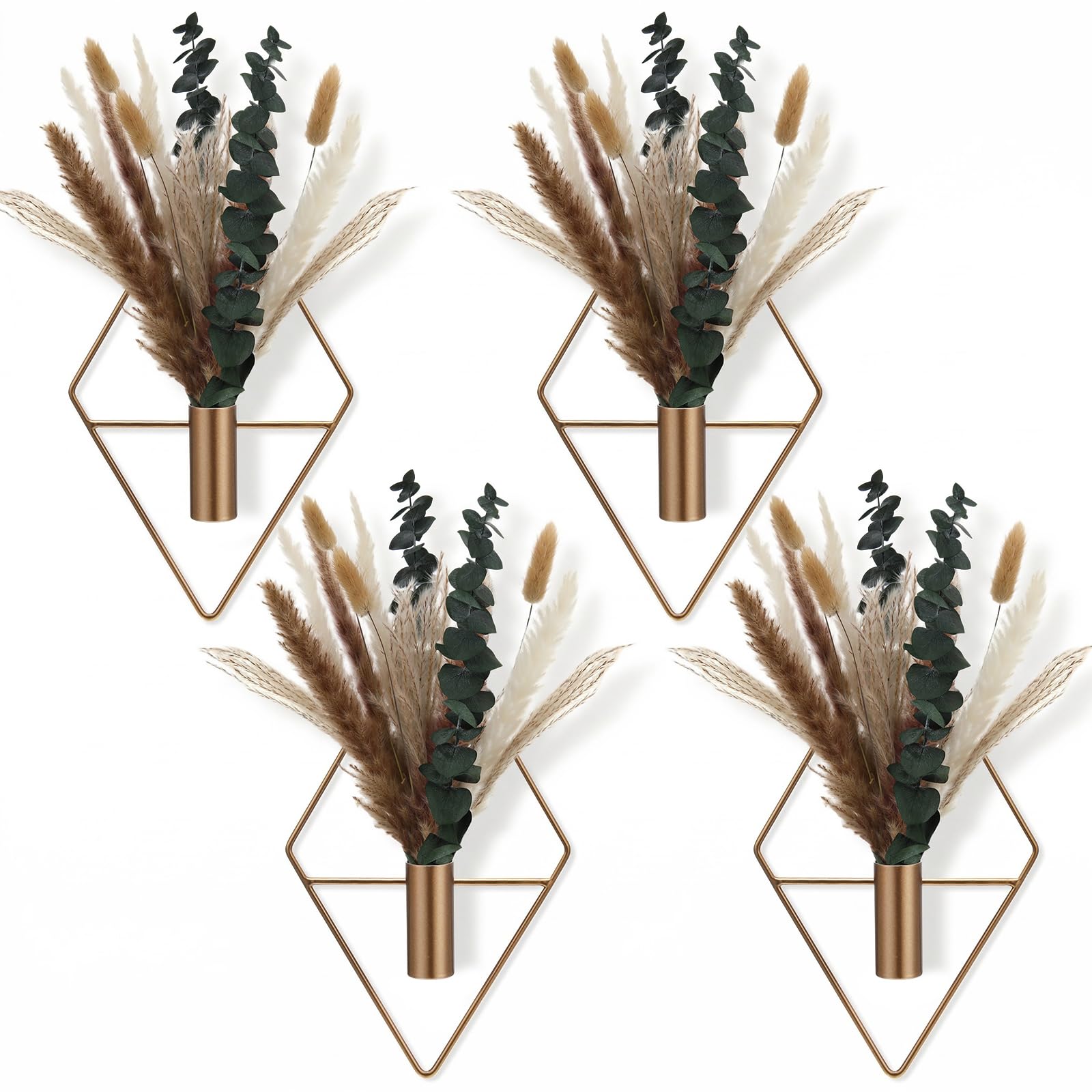 Jexine 8 Pcs Hanging Planters with Artificial Pampas Metal Hanging Vase Indoor Plants Holder Modern Geometric Boho Bathroom Wall Decor for Living Room Home Office(Antique Copper)