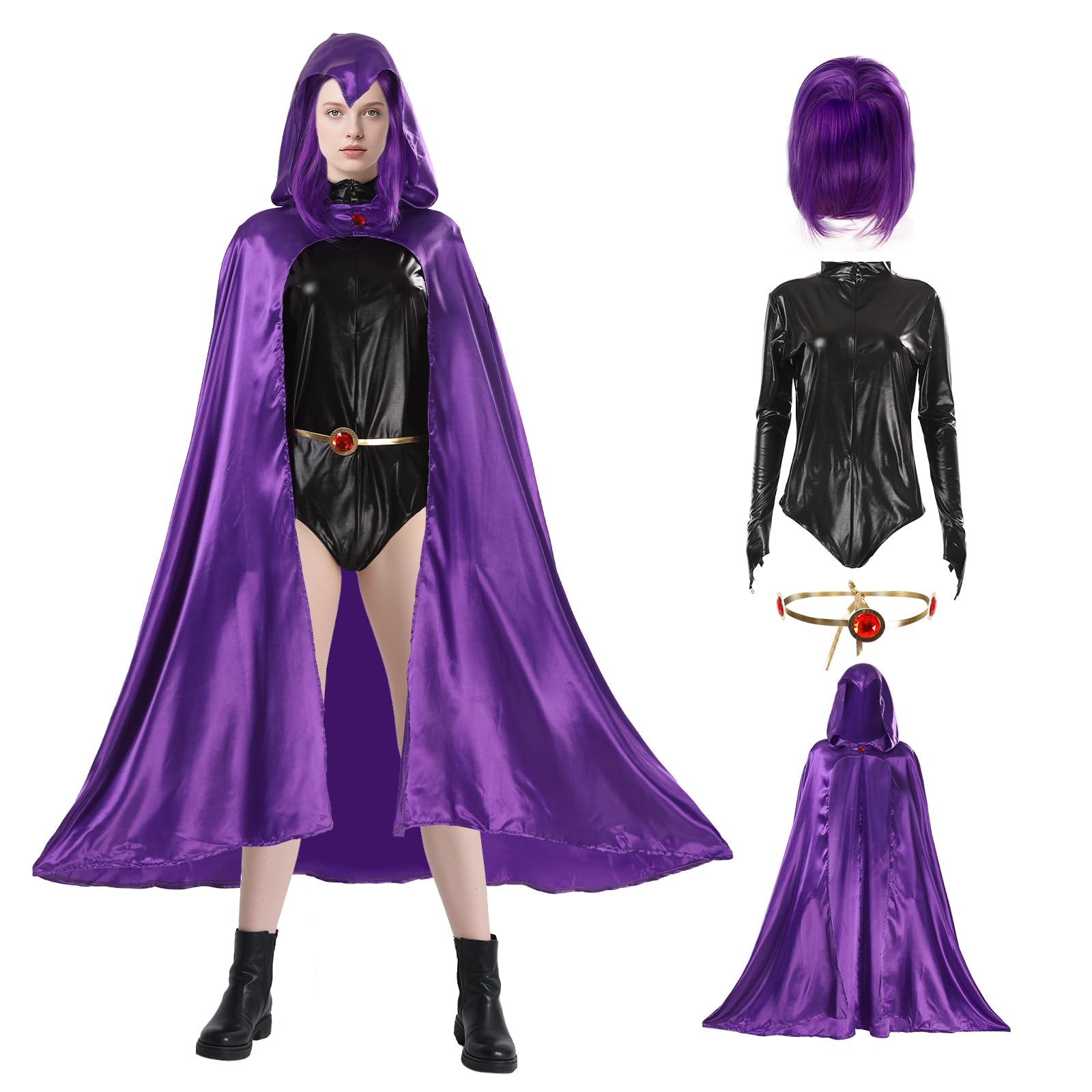 Batbblxn Purple Superhero Costume Women Set Hooded Cape Cloak Bodysuit Gem Belt & Wig Gothic Halloween Outfit for Women Cosplay Party (Medium)