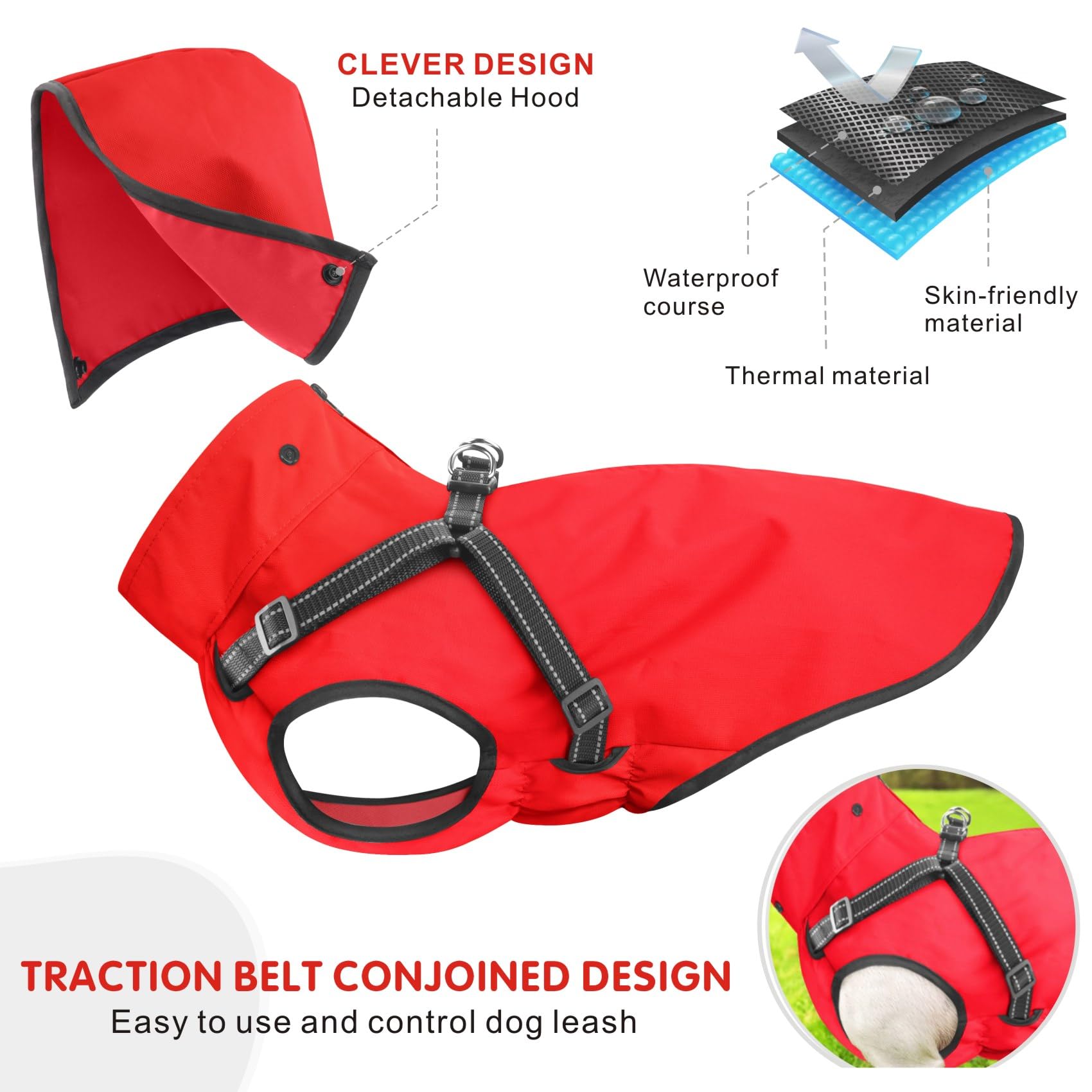 Manteau de Pluie imperméable pour Chien à Capuche réfléchissant pour Chien Veste de Pluie réglable pour Chiens et Chiots de Petite Moyenne et Grande Taille(Rouge, L)