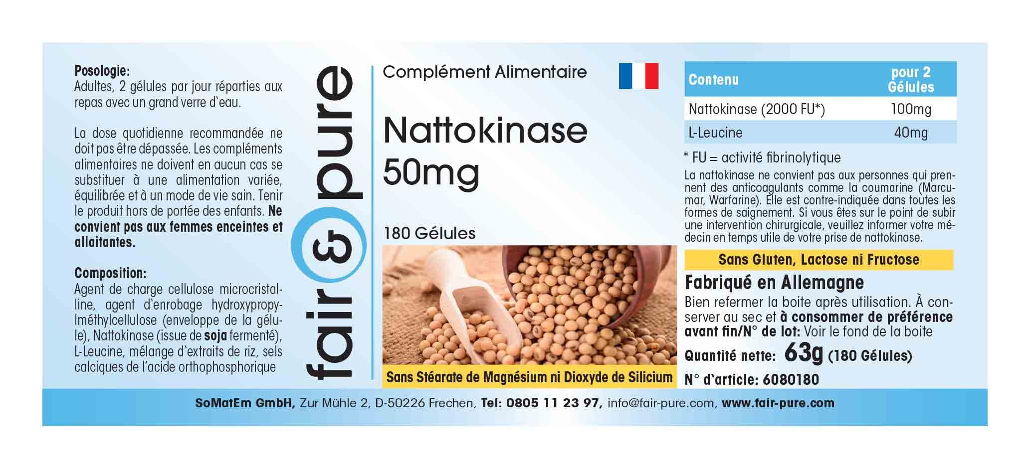 Fair & Pure Nattokinase 50mg, 180 Kapseln, schluckfreundlich, Nahrungsergänzungsmittel vegan ohne Magnesiumstearat, in Deutschland hergestellt