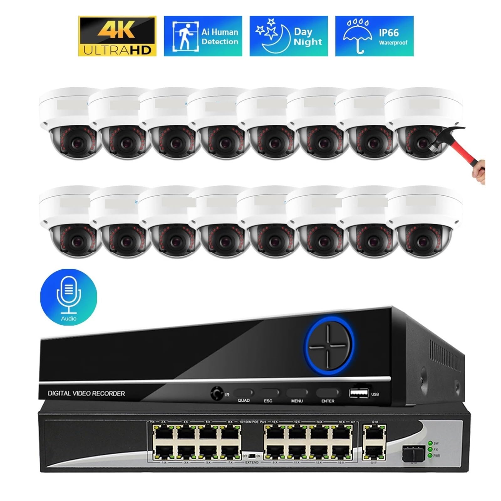 Zestaw NVR 16 Kanałów 4K H.265 AI, Kamera Kopułkowa Do Użytku Wewnętrznego, Odporna Na Akty Wandalizmu, 8 MP, 5, Monitoringu Wideo POE IP Z Dźwiękiem Wykrywanie Ruchu(None,16 NVR x 8PCS 8MP)