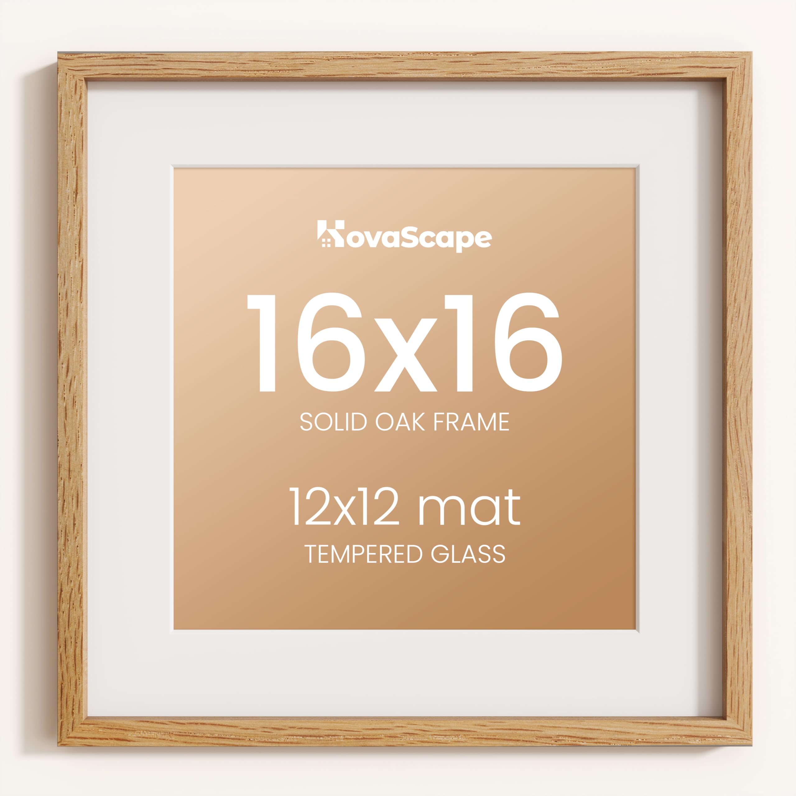 KovaScape 16x16 Photo Frame, Natural Solid Oak Wood Picture Frame with HD Tempered Glass, Modern Minimalist Wooden Frame Matted for 12x12 Photos, Versatile Wall Hanging & Tabletop Display