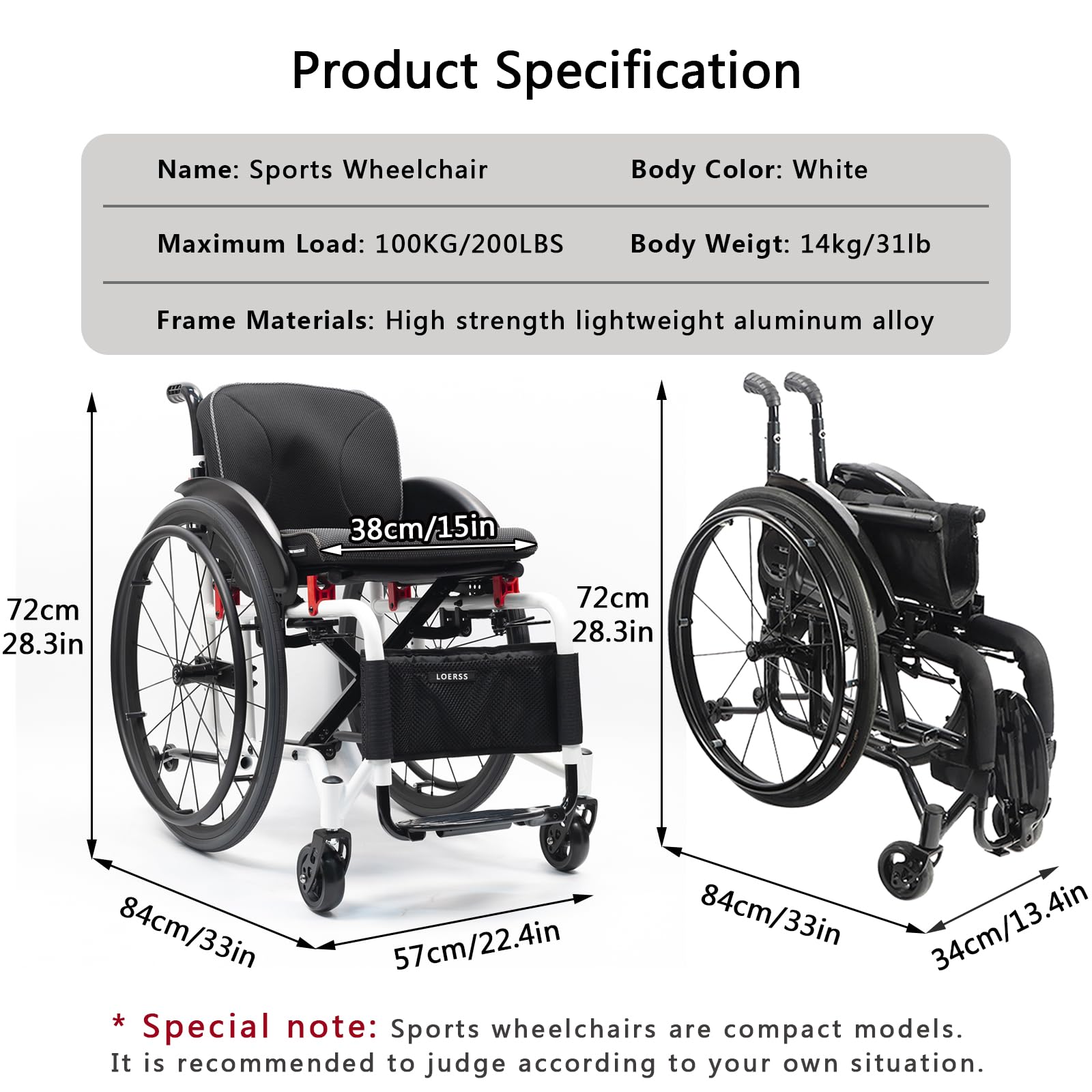 Silla De Ruedas De Transporte Plegable Liviano Para Adultos, Silla De Silla De Silla De Deportes Portátiles, Silla Manual Autopropulsada Con Anti-tipper, Material De Aleación De Aluminio(38cm/15in,whi