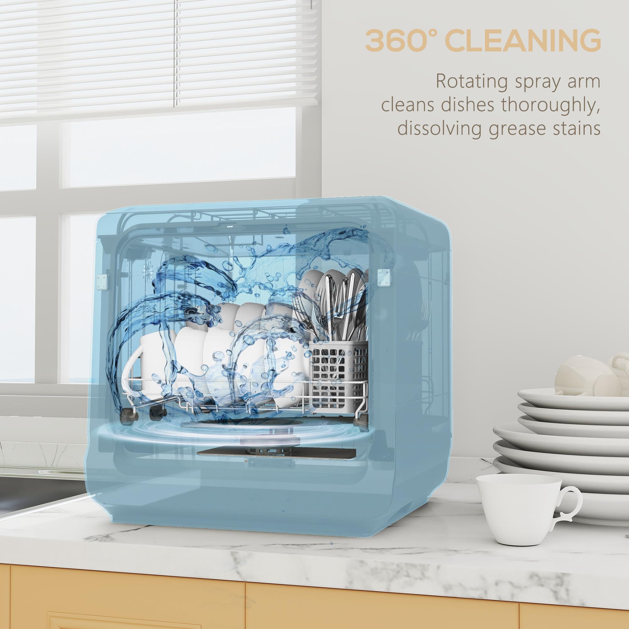 HOMCOM Table Top Dishwasher, Mini Countertop Dishwasher No Plumbing with Built-in 6L Water Tank, 6 Programs, Touch Control, LED Display, 4 Place Settings, Dual Water Supply and Fruit Wash, Black — view 6