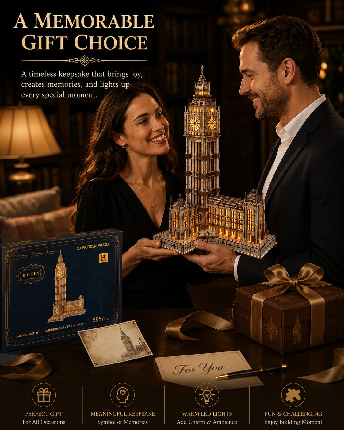 3D Holzpuzzle für Erwachsene, Big Ben Architekturmodell mit LED | Detailreiches Wahrzeichen Londons, warme LED-Beleuchtung, 595 Bauteile, dekoratives Holzmodell, Geschenkidee