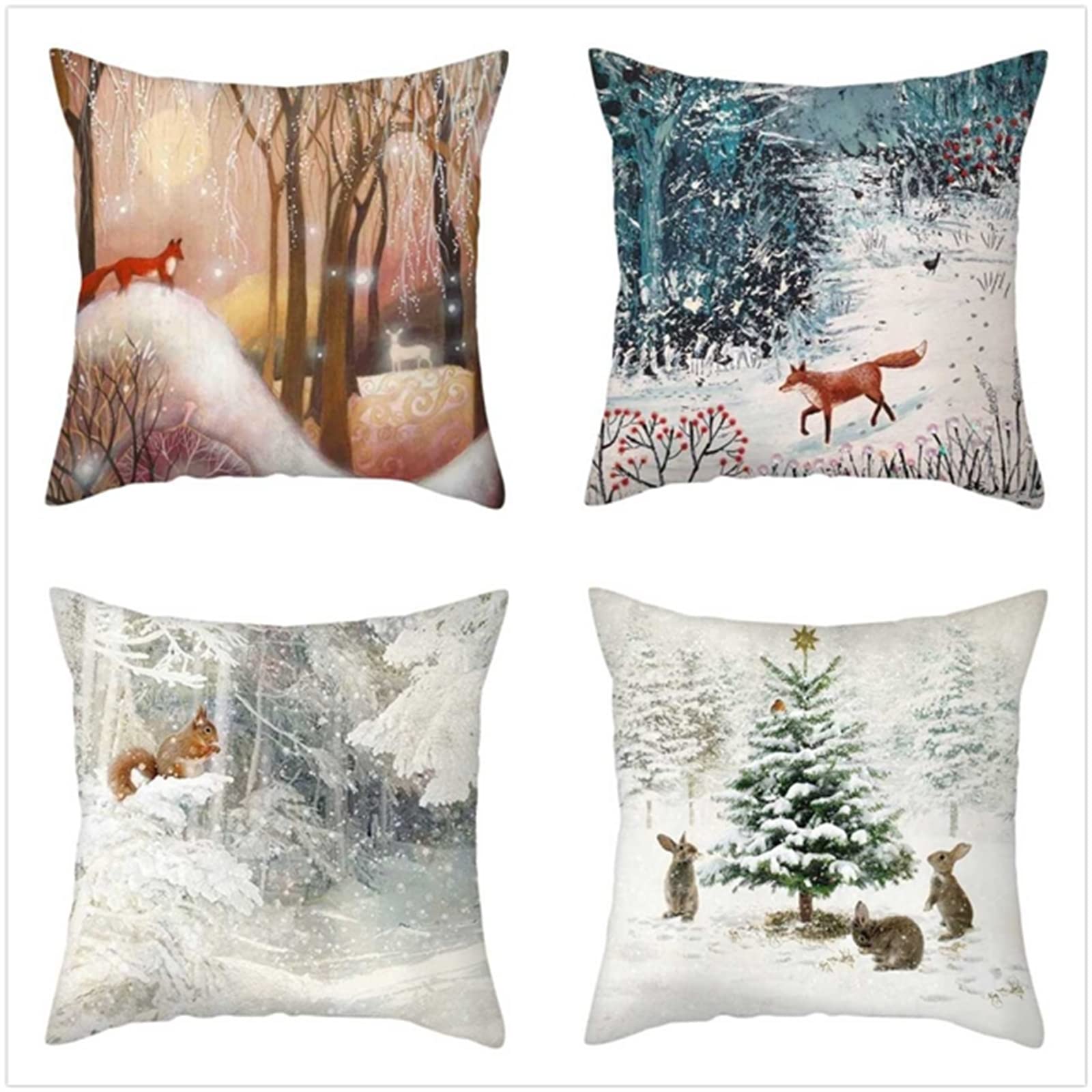 Set di 4 Federe Cuscini Divano Poliestere Biancheria Peluche Corto Gettare Impermeabili Decorativo Caso Federa per Cuscino Divano Auto Esterno Giardino Home Decor （55x55cm/Animali Nella Neve）