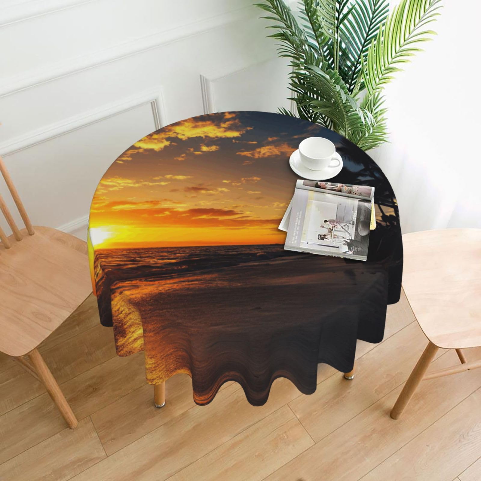 Zcmkjlg Sunset Ocean Beach Print Quick Ship Round Tablecloth 60in Polyester Washable Cover for Dining Room
