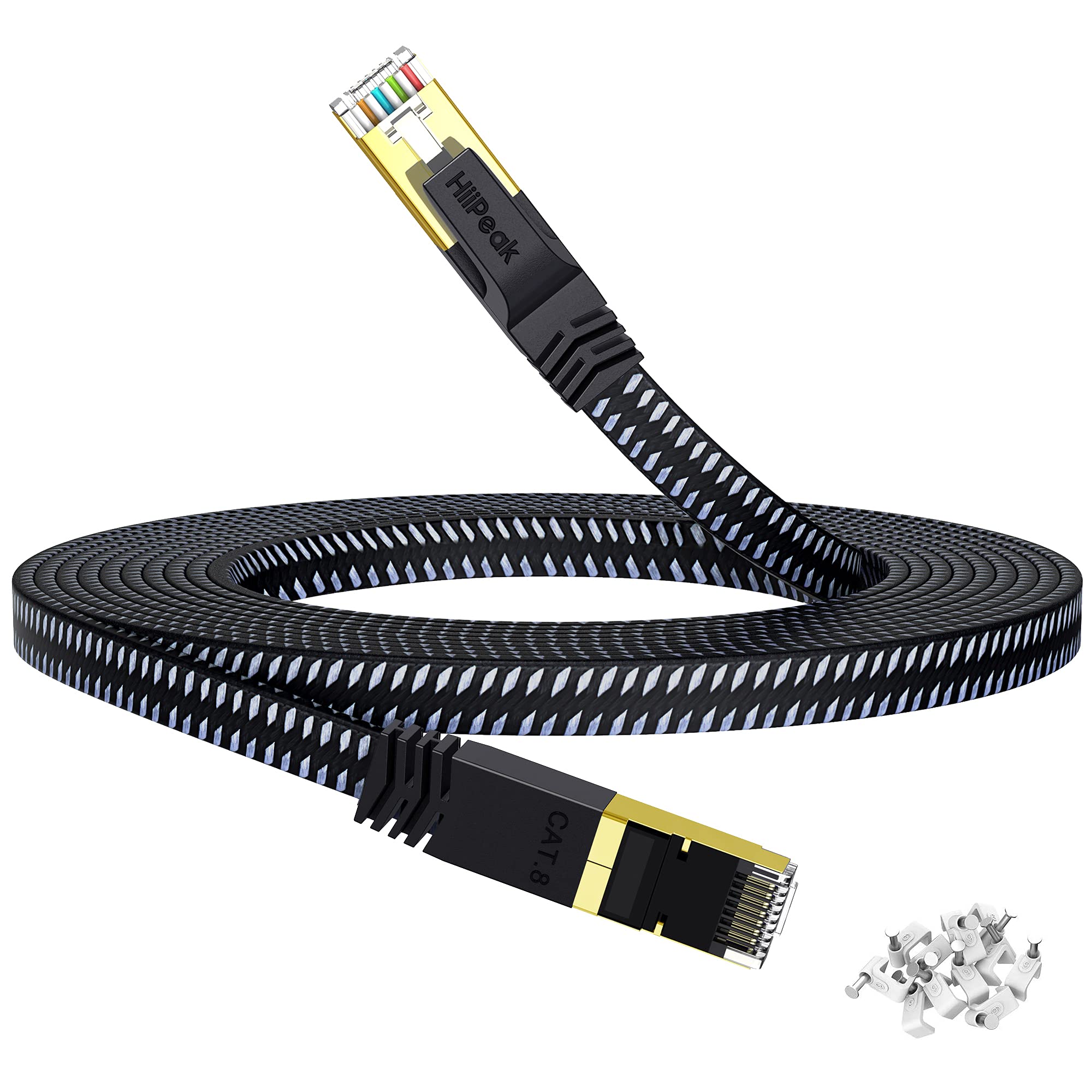 HiiPeak Cat 8 Ethernet Cable 30 ft, Flat Nylon Braided Internet Cable, High-Speed 40Gbps Network Patch LAN Cable, RJ45 Gaming Cable for Modem, Router,