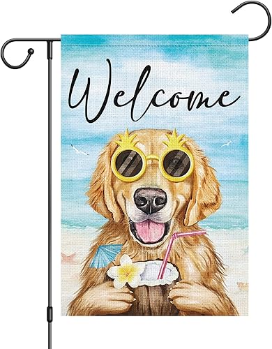 Louise Maelys Banderas de jardín de perro de verano de 12 x 18 pulgadas, doble cara, arpillera de verano, playa, Golden Retriever para jardín,