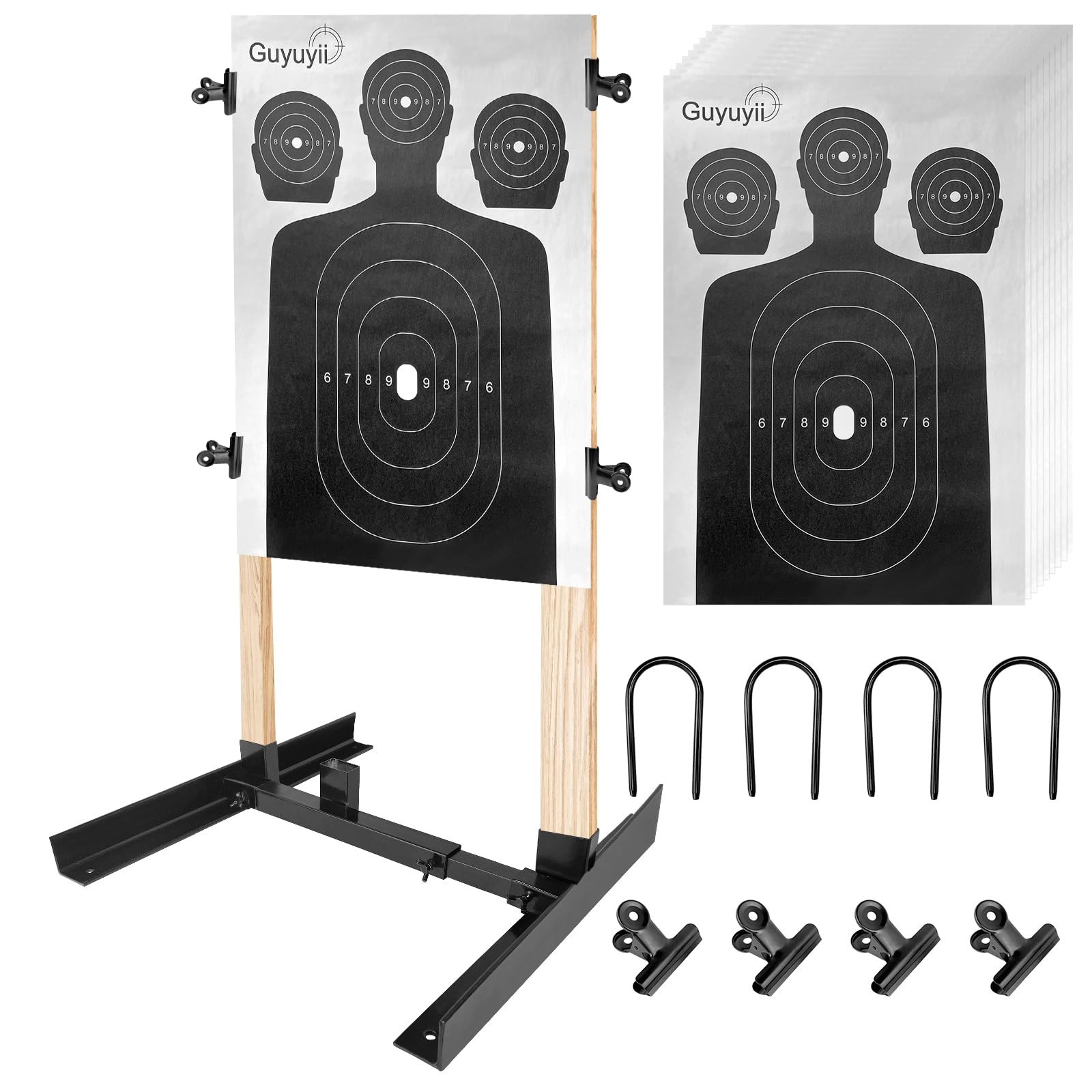 Guyuyii Adjustable Target Stand – H-Shape Shooting Target Stand with Steel Frame, 4 Stakes and Clips for Paper, Silhouette and Cardboard | for Range, Backyard Practice | Tool-Free Setup
