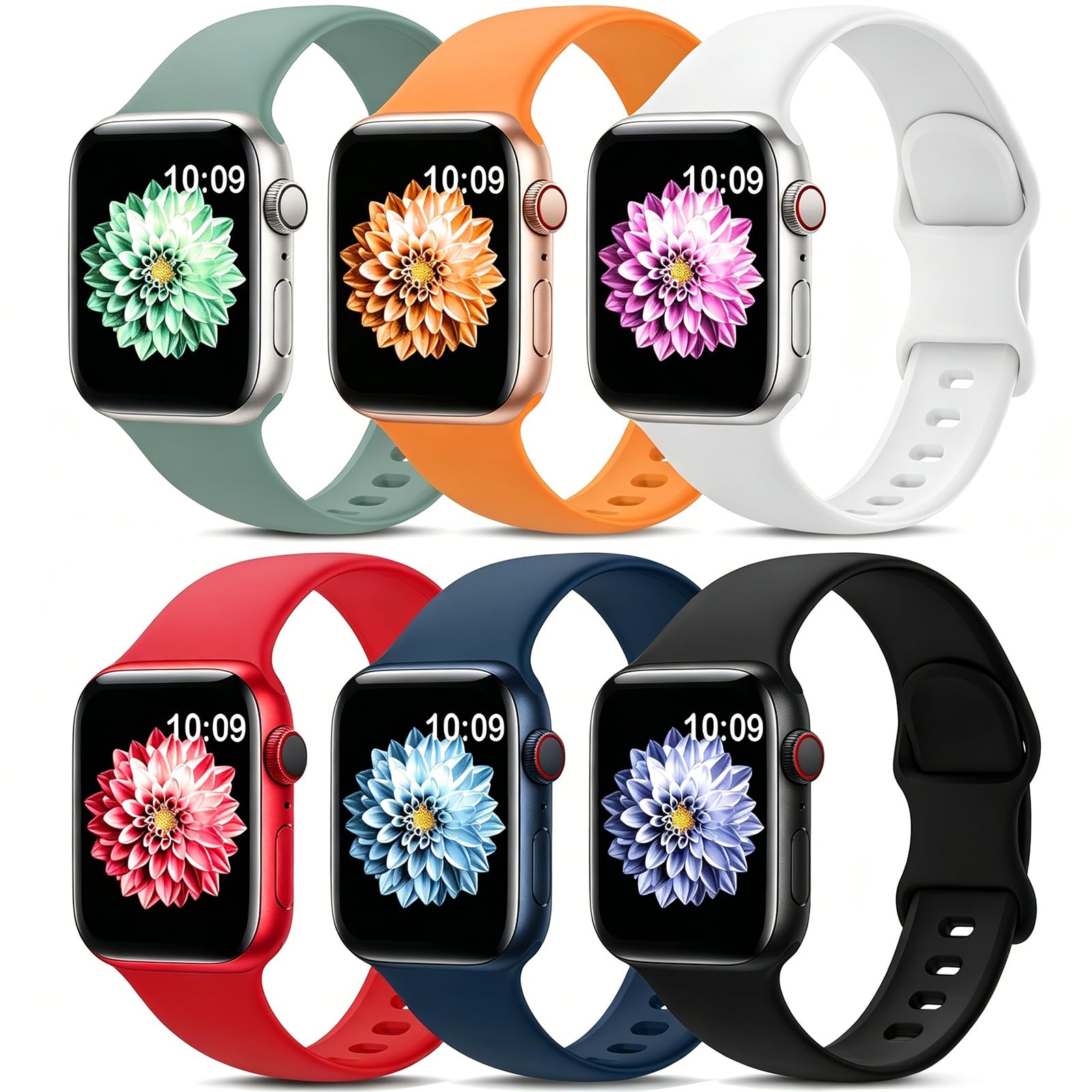 6 Pack Sport Silicone Bands Compatible with Apple Watch Band for Women Men Black/Abyss Blue/Marigold/Red/White/Cactus 38mm/40mm/41mm/42mm(series 11 10)
