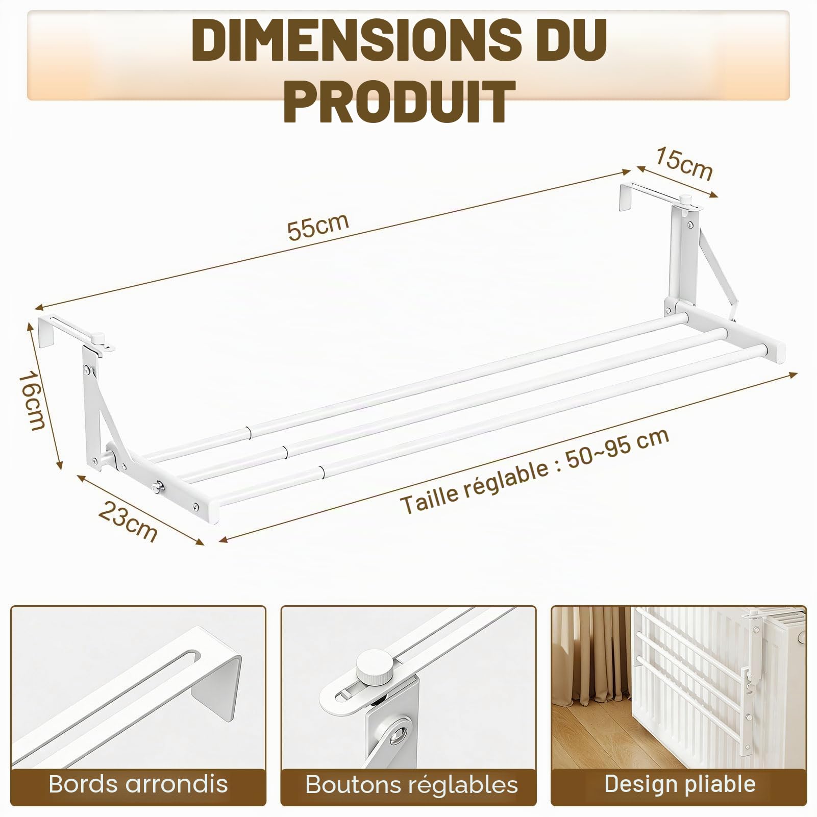 Porte-serviettes radiateur, blanc, porte-serviettes chauffant, porte-serviettes pour radiateur sans perçage, étendoir à linge radiateur, sèche-linge, distance murale réglable : 0 à 12,5 cm (D)