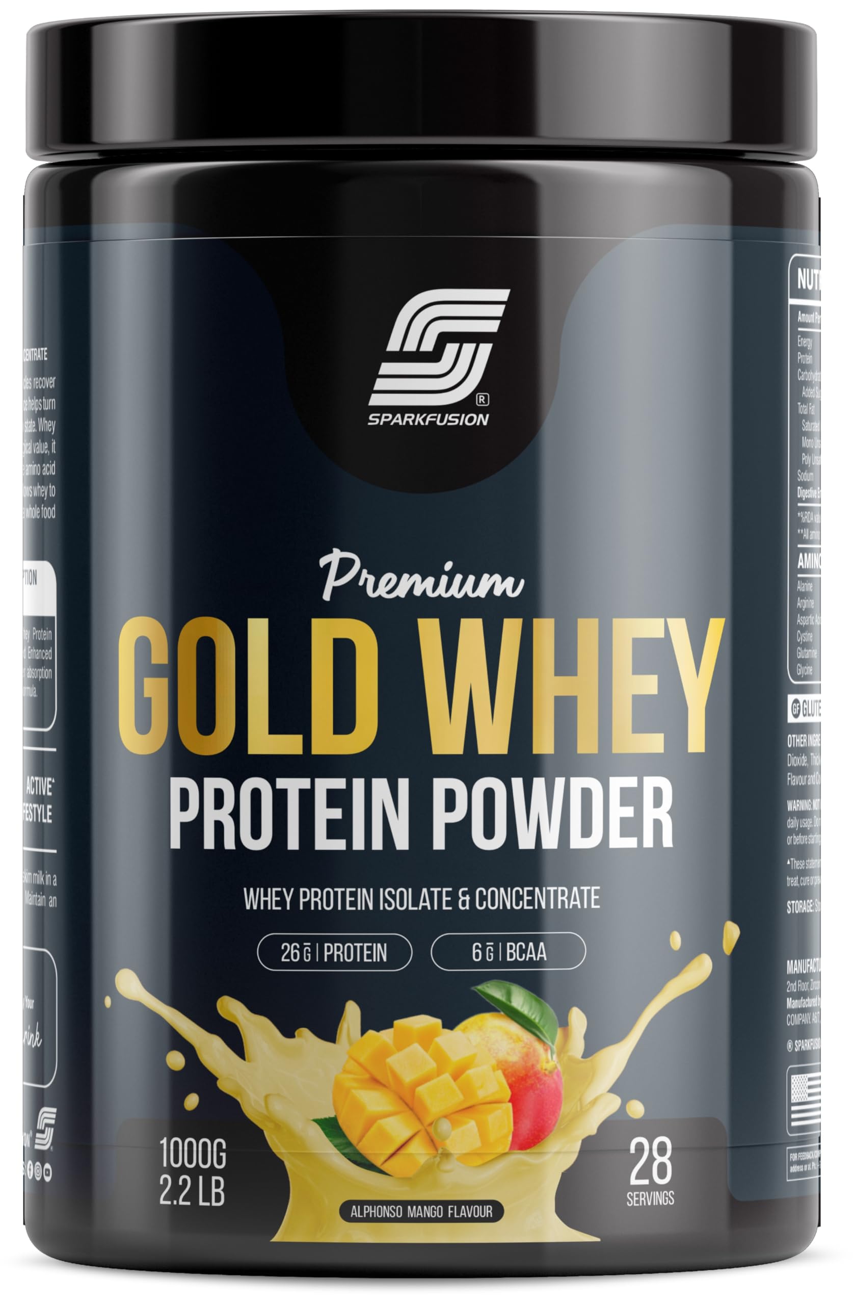 Sparkfusion Premium Gold Whey Protein Isolate | 26g Protein,6g BCAA per Serving | Easy Mixing, Low Carbs, Easy Digesting | For Muscle Building & Recovery (Alphonso Mango, 1 kg (Pack of 1)) (B0CY8SGJHF) Amazon Price History, Amazon Price Tracker