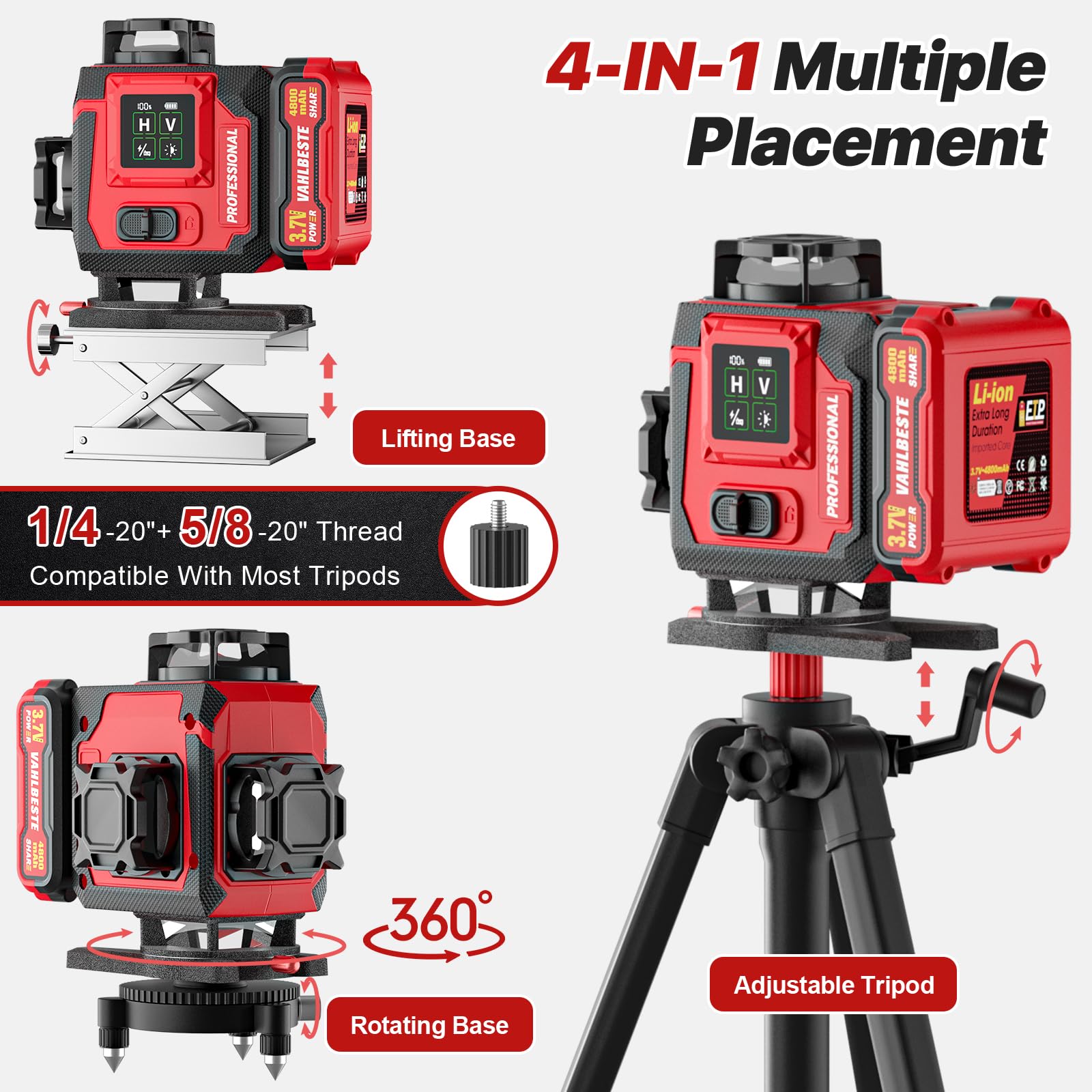 Livella Laser con Treppiede,Livella Laser Autolivellante 360 con 2x4800mAh Batterie,4x360 °Livello Laser con Display LED,16 Linee Laser Verde/APP/Telecomando per l'edilizia/Appendere Quadri