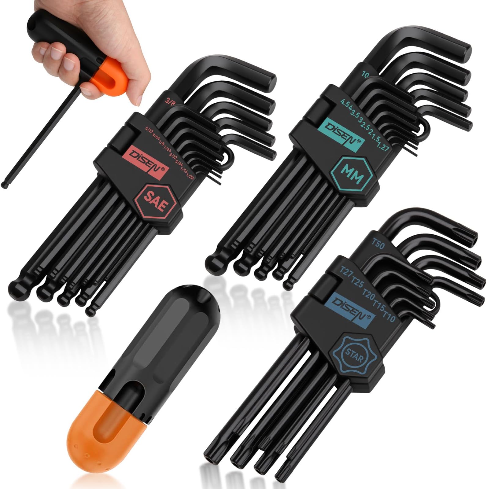 DISEN Allen Wrench Set of 36 SAE & Metric Hex Key Set Torx Star Key Set Long Arm Ball Head Design T Handle Heat Treated Chrome Vanadium Steel