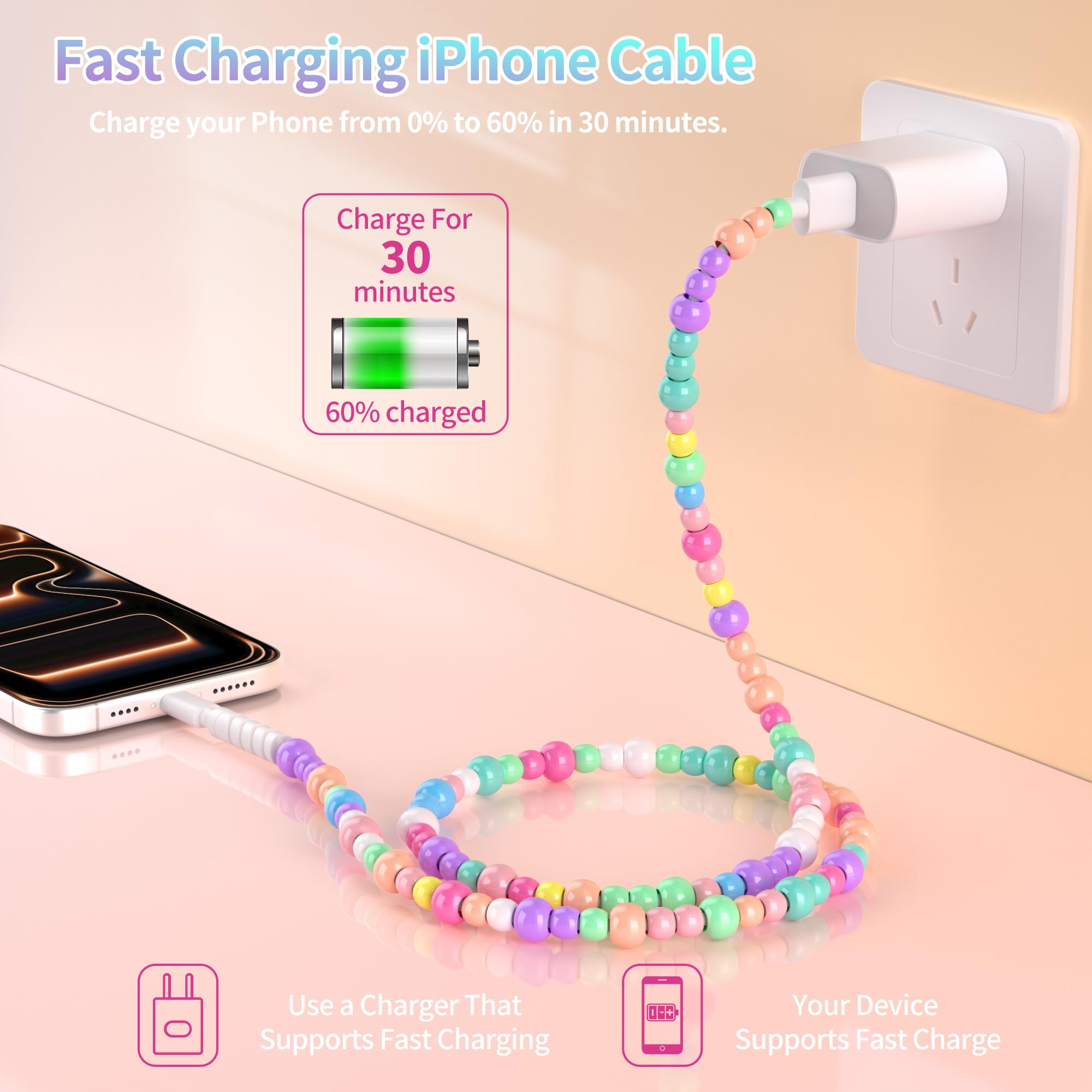 WESADN USB A per iPhone Cavo di Ricarica Carino Perline di Colore Della Caramella Cavo di Ricarica Veloce MFi Certificato 3.3FT Cavo di Ricarica Del Telefono 66W USB A Cavi di Caricatore Ragazze Donne