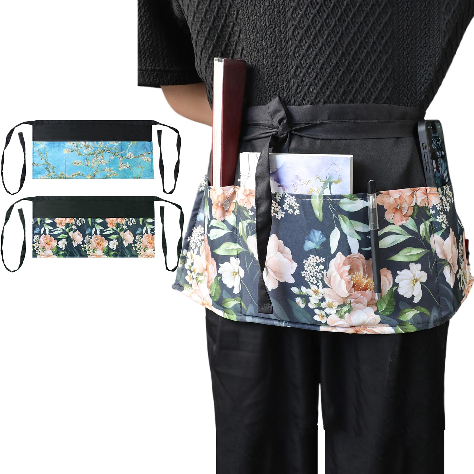 Waist Apron Waiter Waitress Apron with 3 Pockets Short Chef Apron Waitress Half Apron Catering Apron Waiter Baking Apron Bistro Restaurant Gardening Half Apron for Men and Women Florist Kitchen Apron