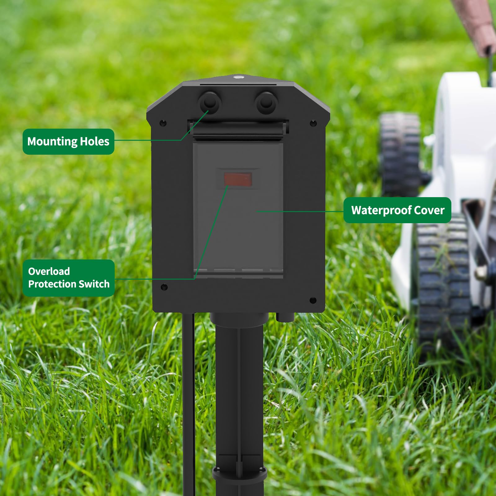 TiFFCOFiO - Tira de alimentación para exteriores, resistente a la intemperie, cable de extensión de 15 pies con estaca de alimentación, 6 tomas de tierra para luces exteriores, 15A/1875W, listado ETL