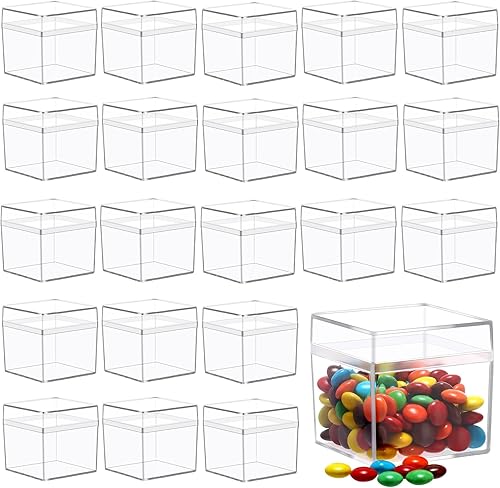 Leinuosen 100 cajas de plástico acrílico transparente de 2 x 2 x 2 pulgadas con tapa, recipientes cuadrados para dulces para recuerdos de fiesta,