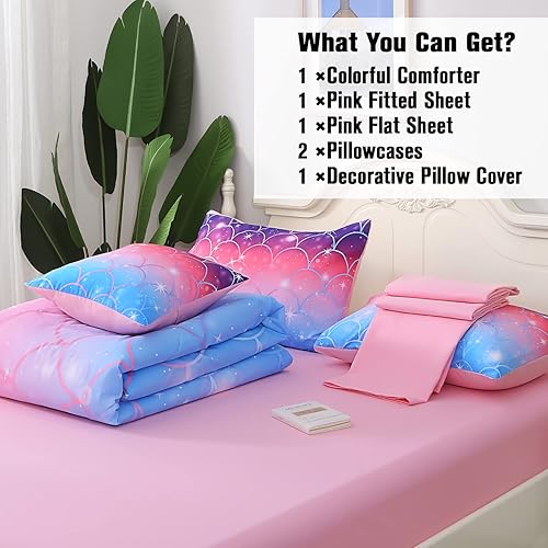 Miniatura 5 de JQinHome Juego de edredón de sirena de tamaño matrimonial juego de cama de 6 piezas en una bolsa juego de ropa de cama colorido 3D para niñas y