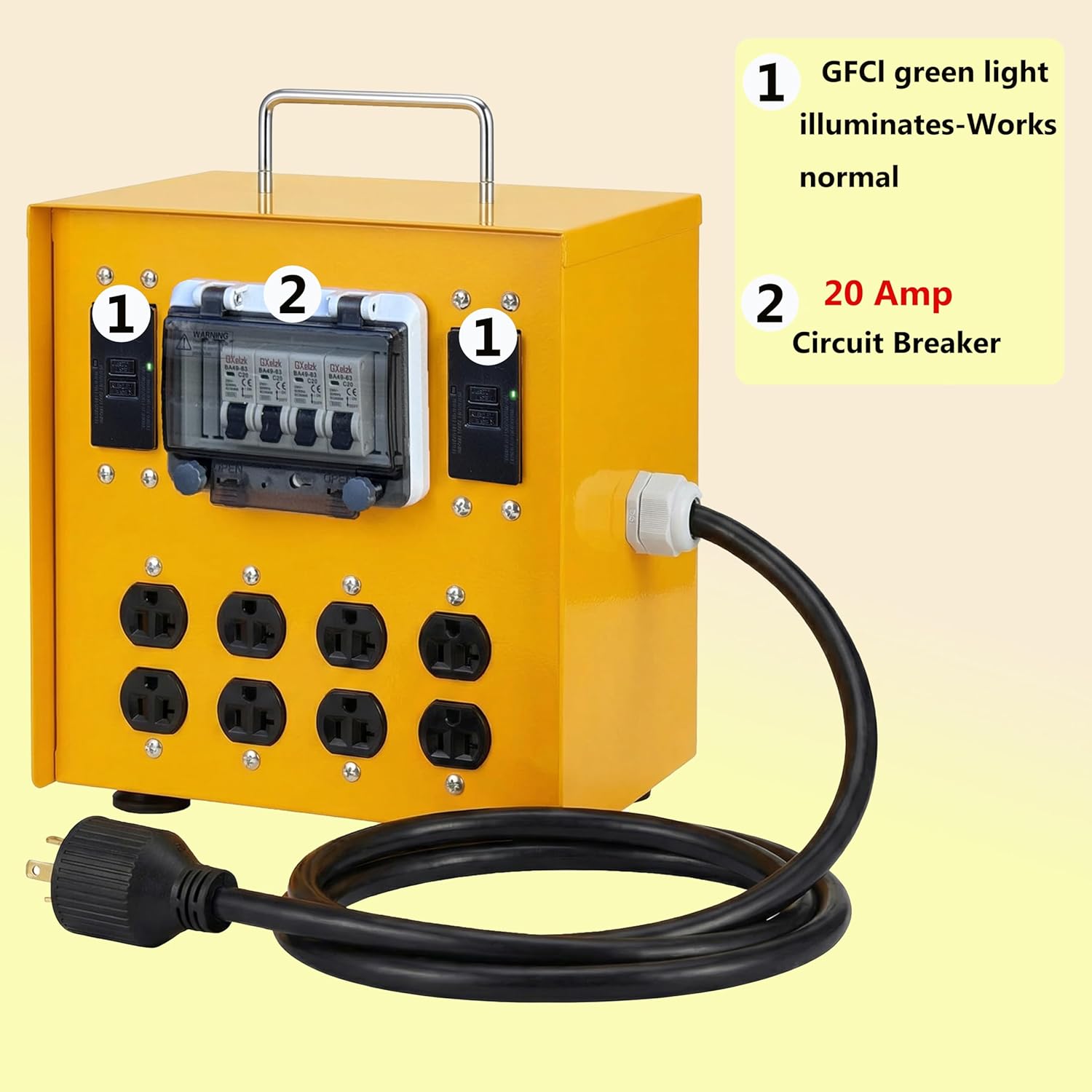 30A Temporary Distribution Box, Equipped with a 30A L14-30P 125V/250V Outlet, Four MEMA-5-20R 120V GFCI Double outlets, Portable Power Center with Each Outlet Equipped with a 20A Circuit Breaker