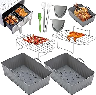 Lifemaison 8pcs Reusable Silicone Air Fryer Liners,Air Fryer Accessories for Tower Vortx T17100 Vizion Dual Basket,Dual Air Fryer Racks & Paper Lining Accessories,Compatible with Oven,Microwave,Grey