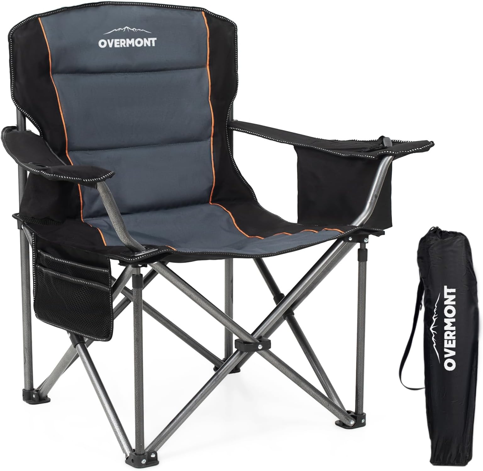 Overmont Oversized Camping Chair 385LBS Support Padded Portable Folding Arm Chair Heavy Duty Steel Frame Collapsible with Cup Holder Cooler Pocket Quad Lumbar Back for Outdoor Beach Fishing